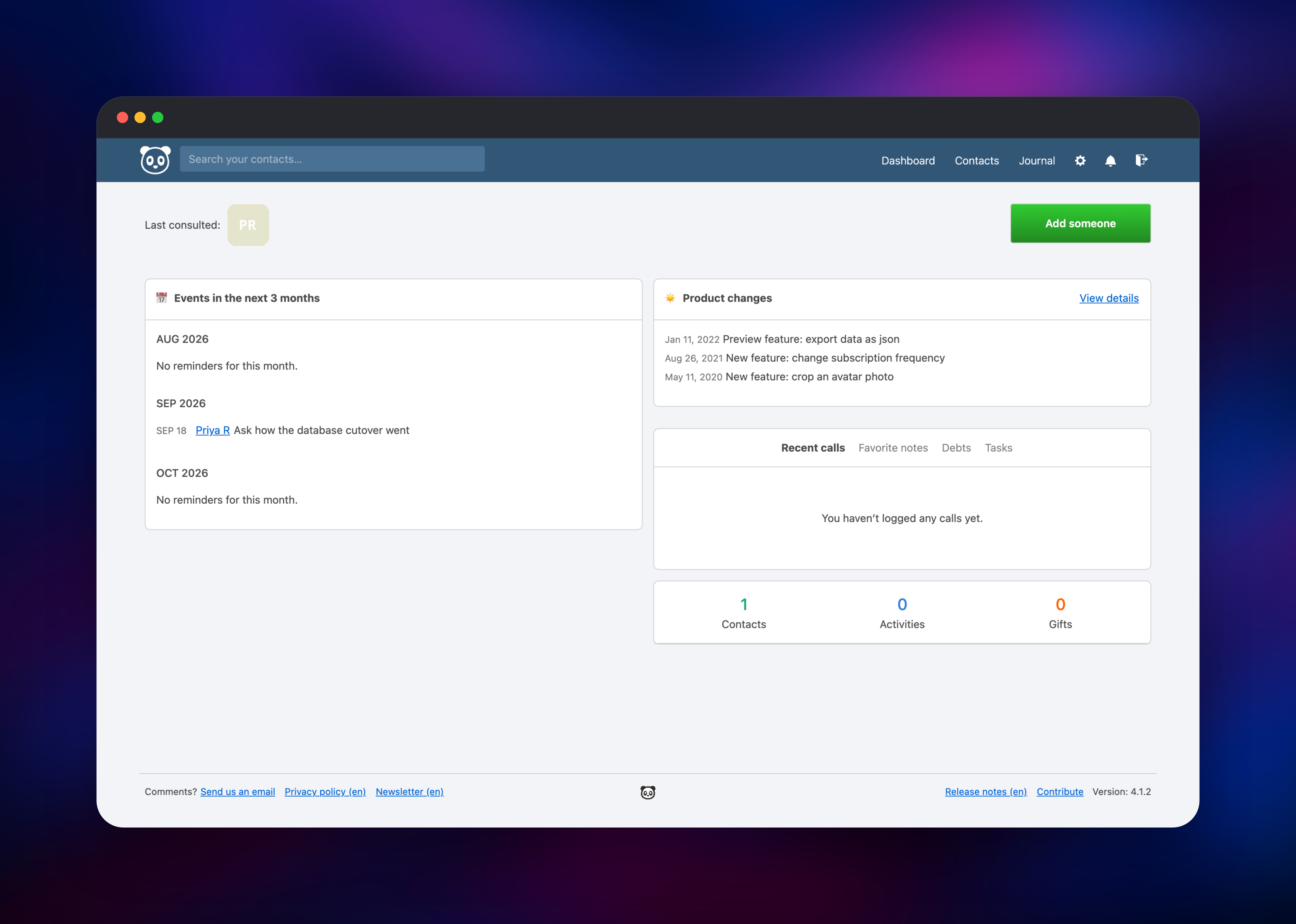 Monica dashboard listing an upcoming September reminder