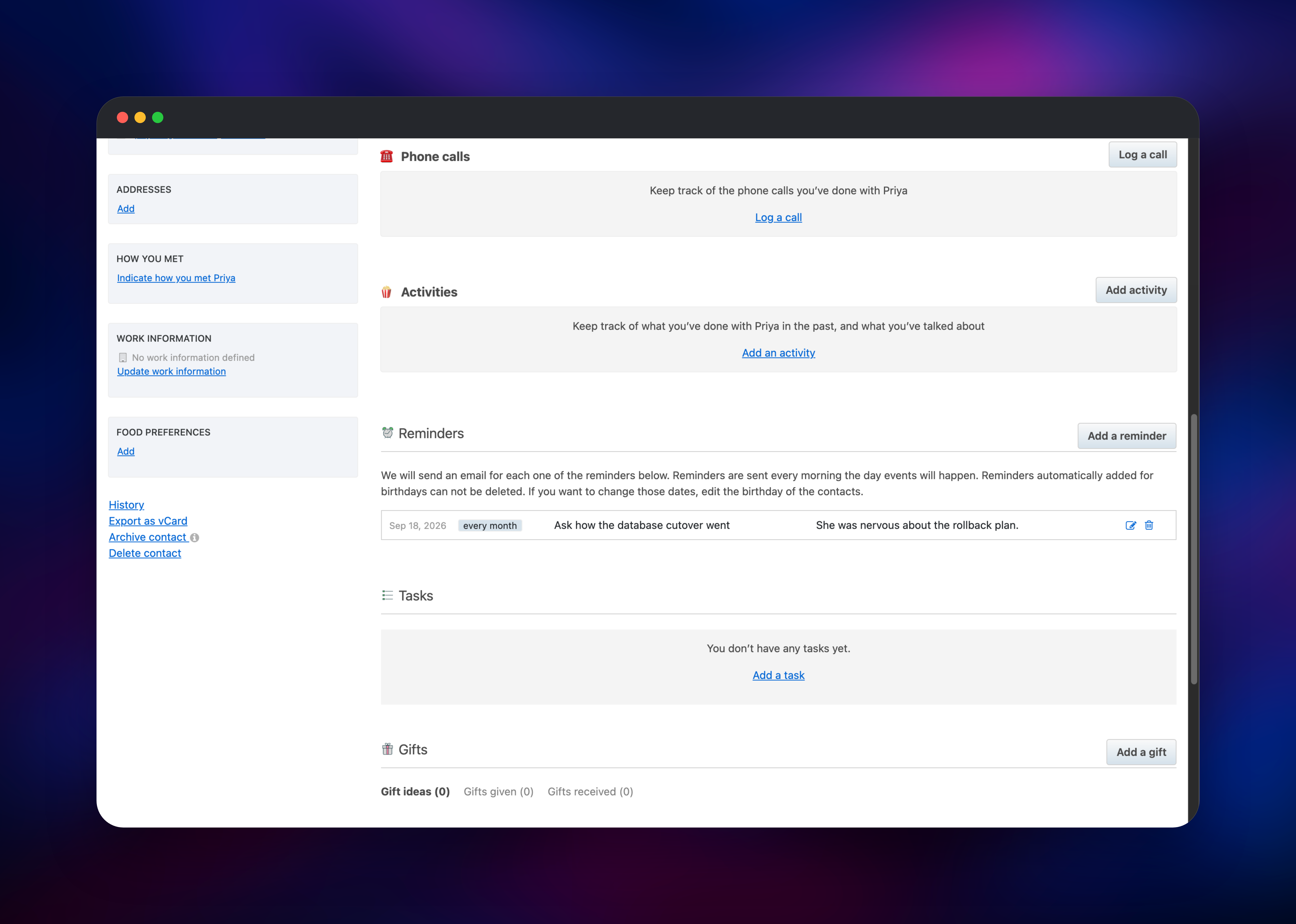 Monica reminders panel showing a monthly recurring reminder