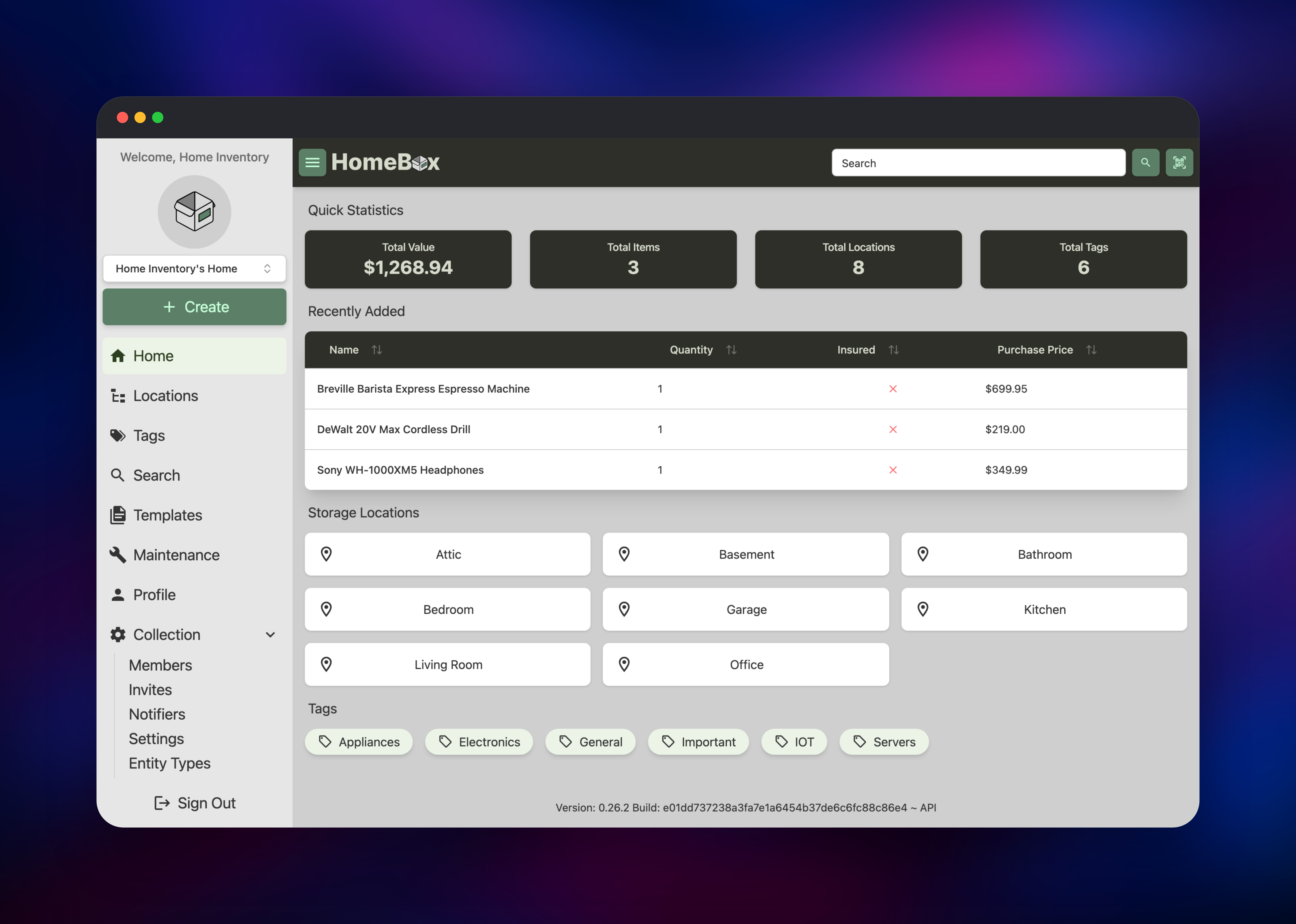 HomeBox dashboard showing total inventory value and recently added items