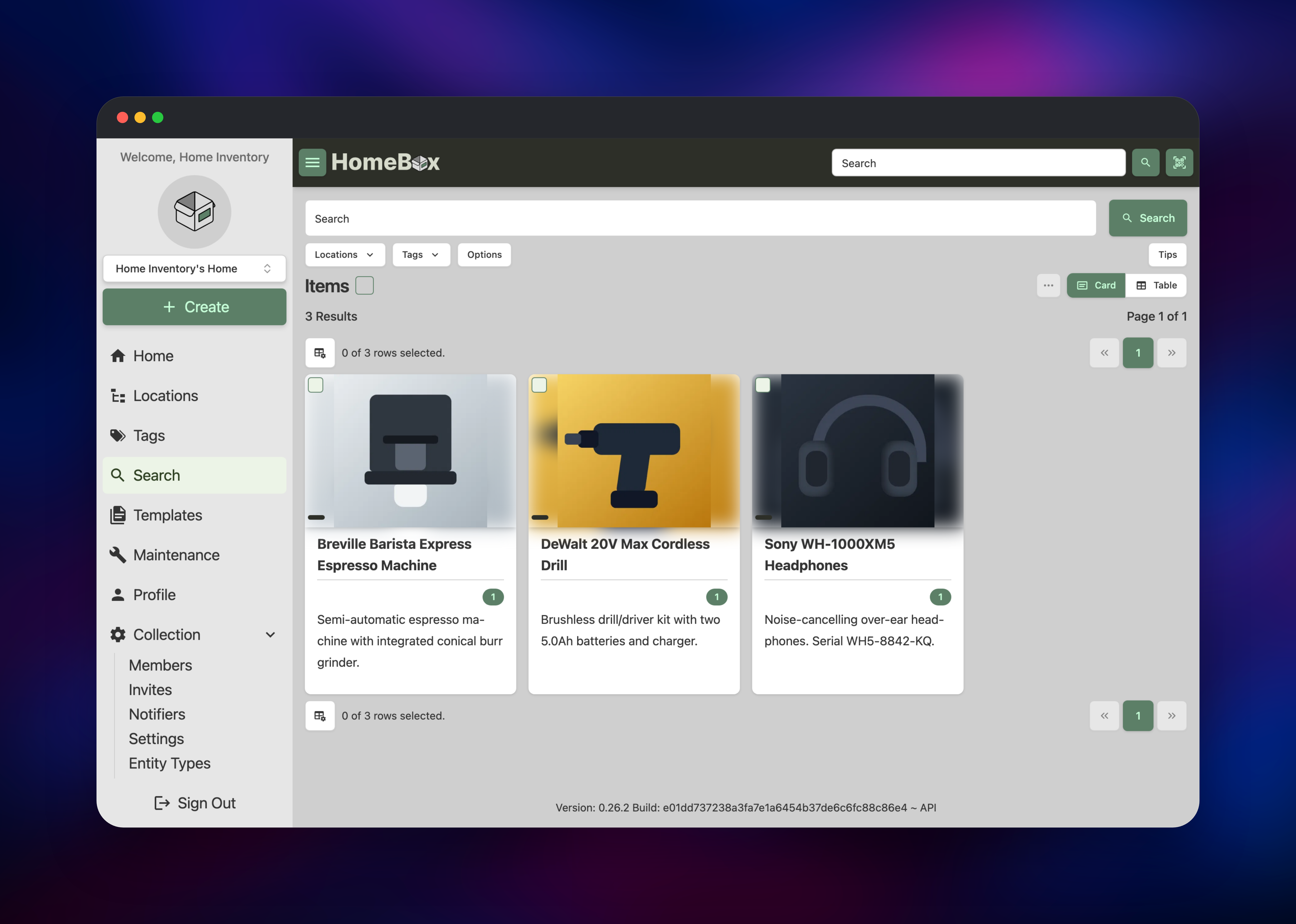 HomeBox search results showing inventory item cards with photos