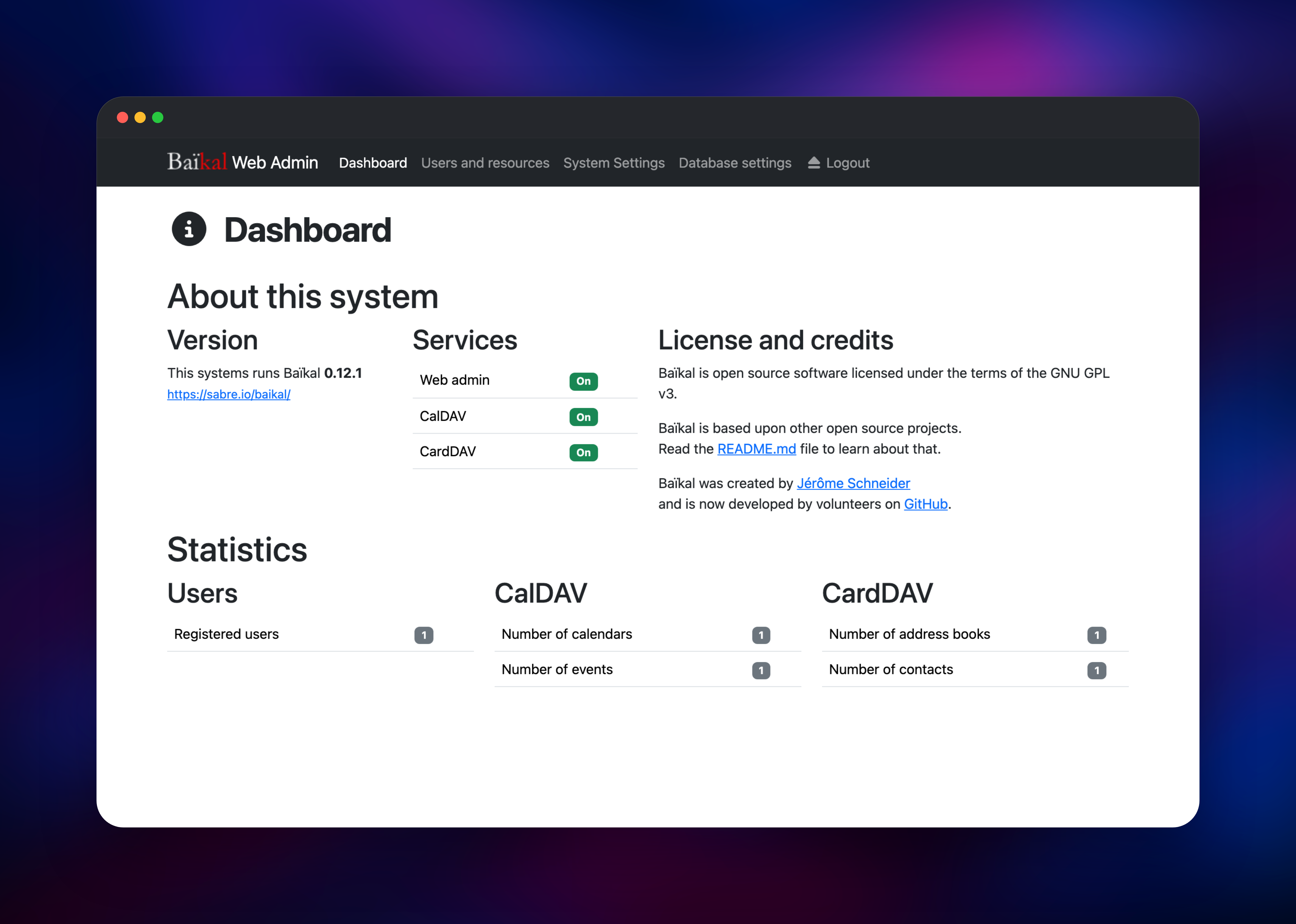 Baïkal admin dashboard with CalDAV and CardDAV service statistics