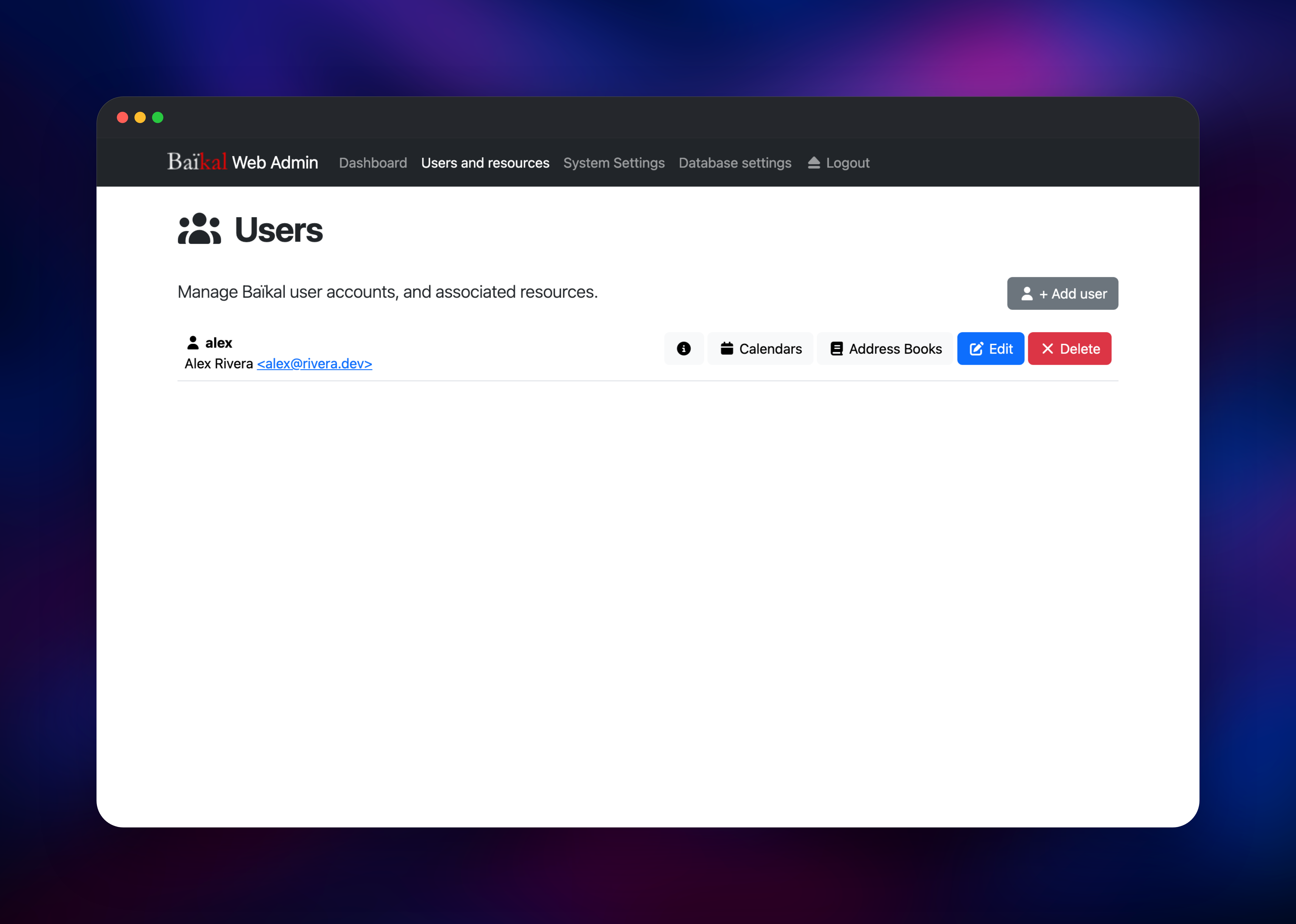 Baïkal user account list with calendar and address book actions
