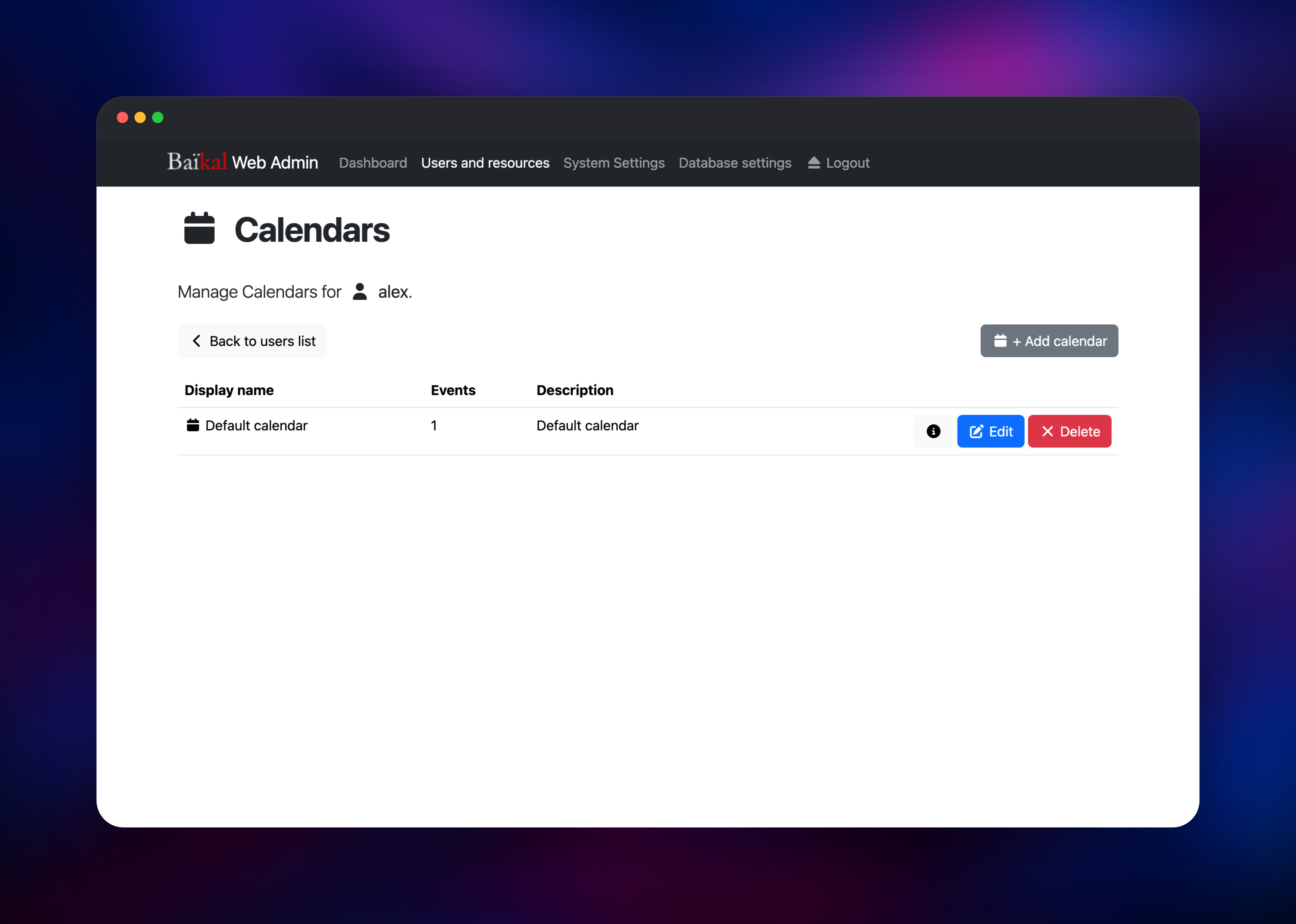 Baïkal calendar list for a user showing one stored event