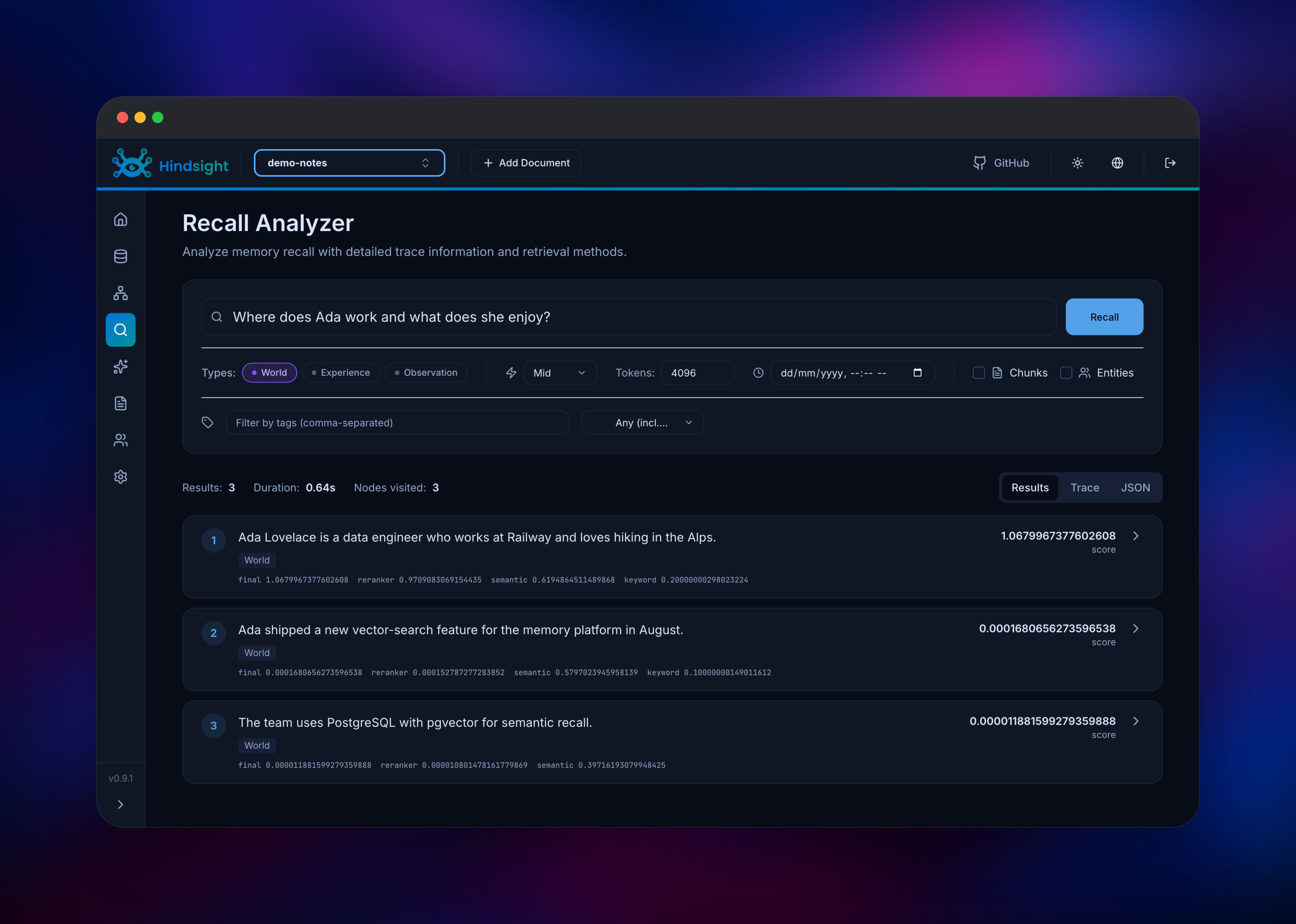 Hindsight recall analyzer returning ranked semantic search results