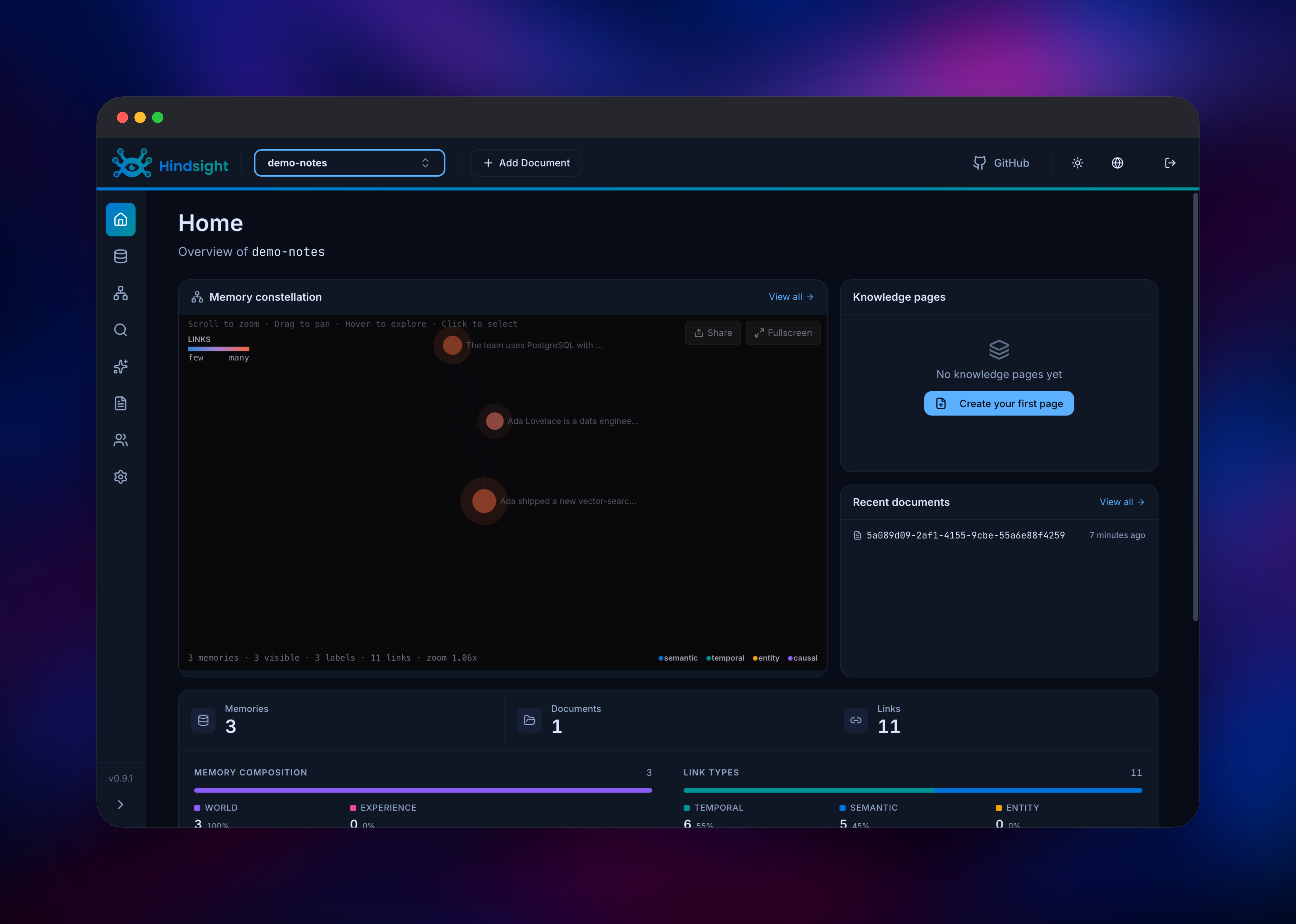 Hindsight bank overview with memory constellation graph and stats