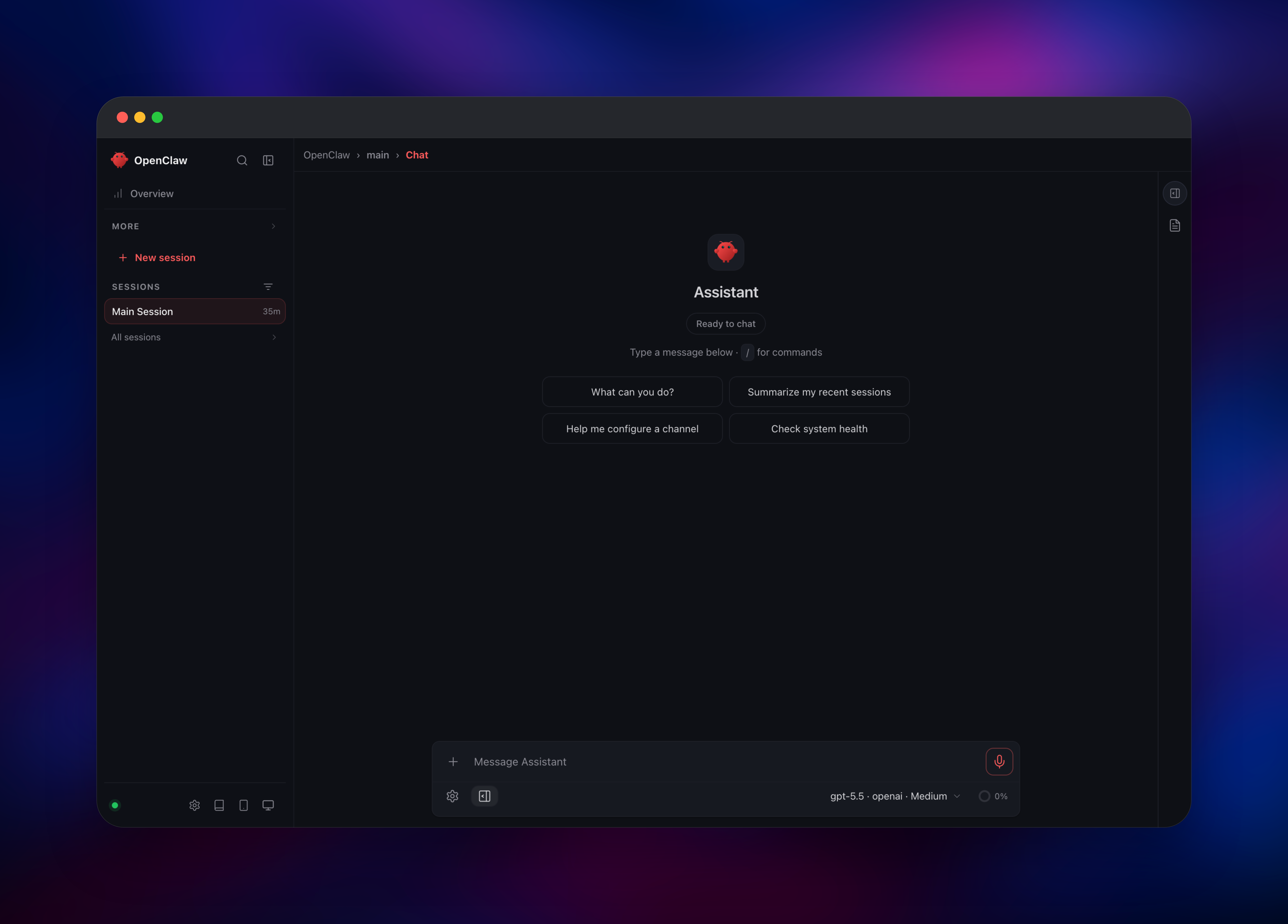 OpenClaw Control UI chat dashboard with session sidebar
