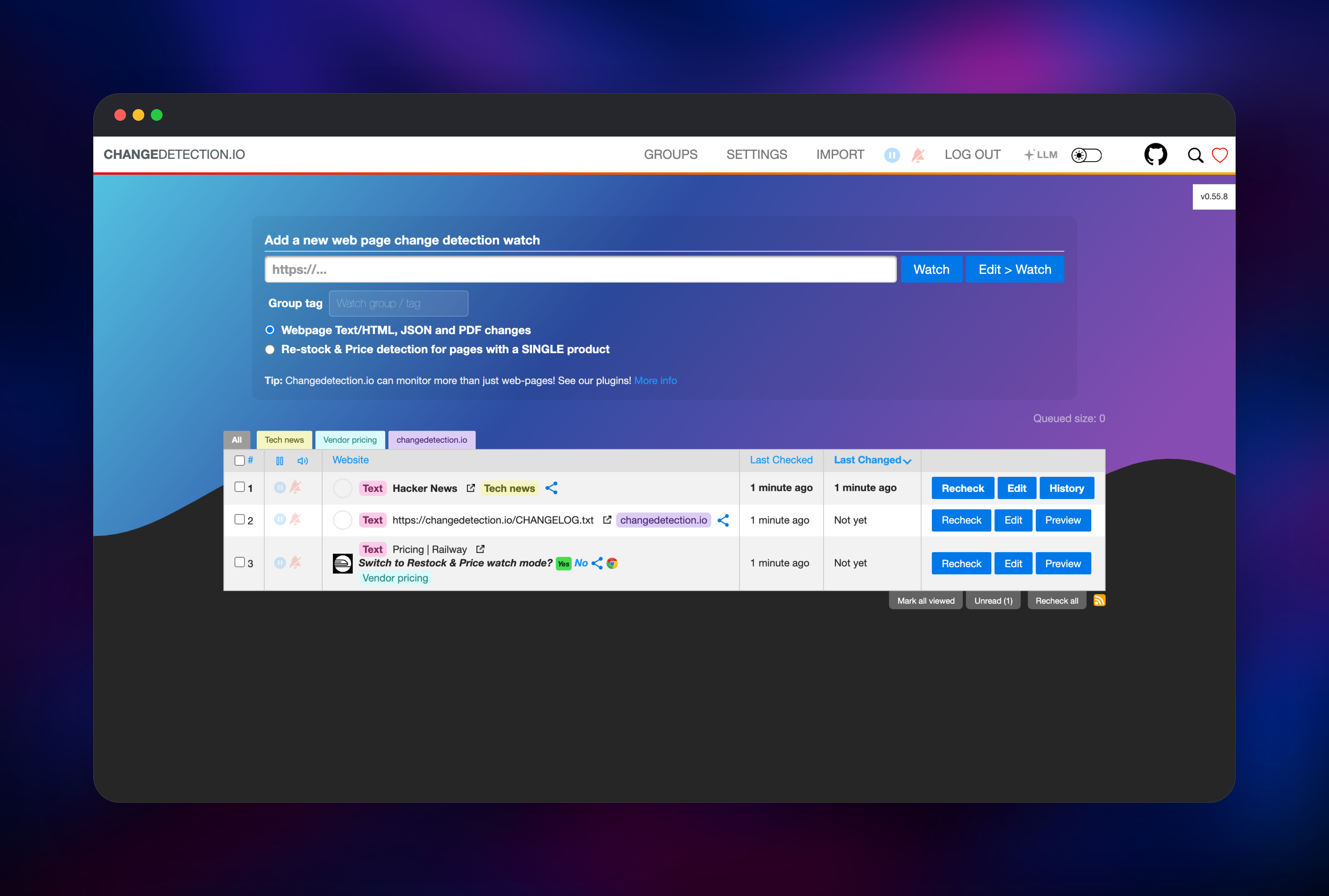 Changedetection.io watch list tracking three tagged web pages