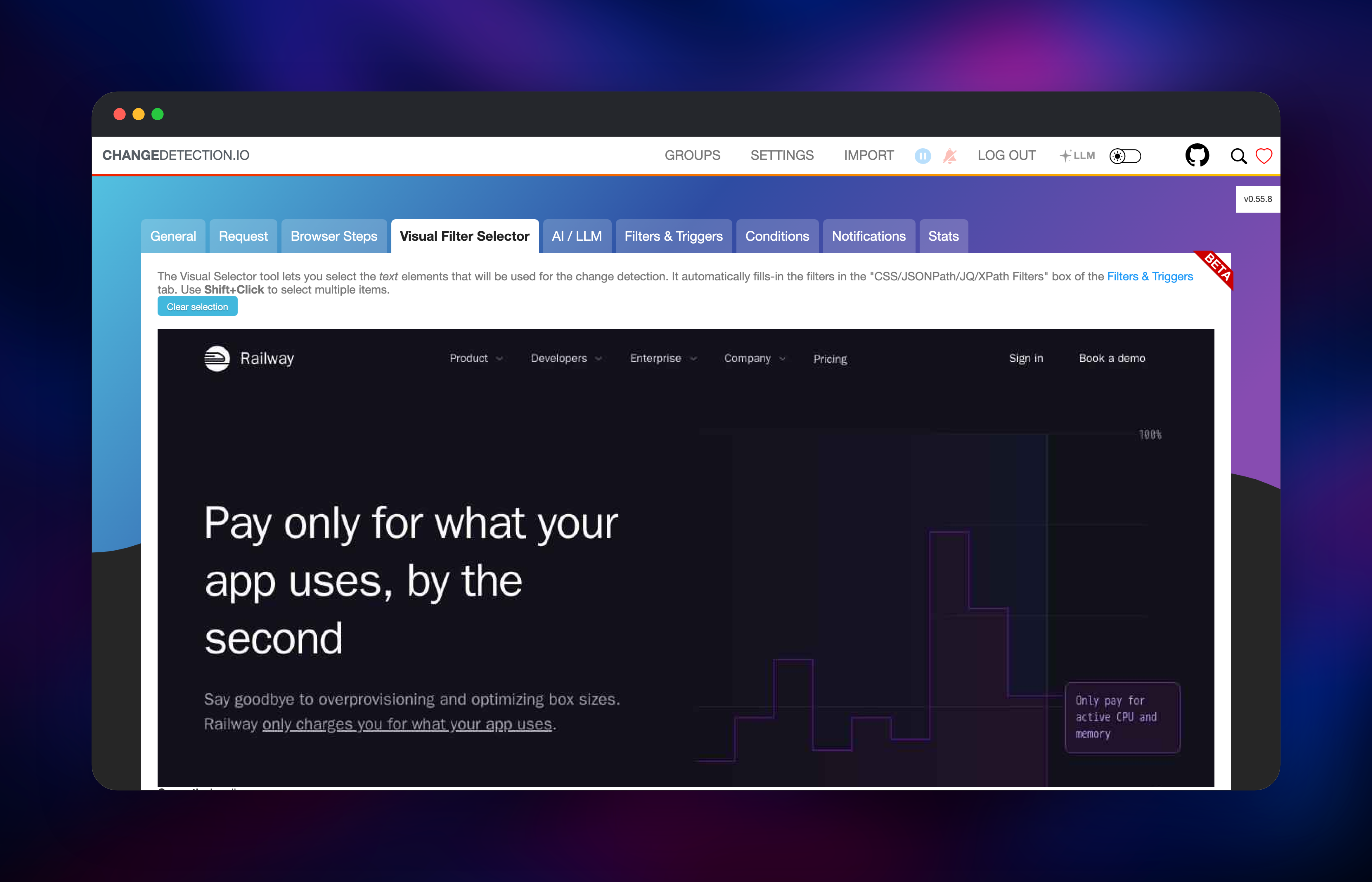 Visual Filter Selector over a Chrome-rendered pricing page