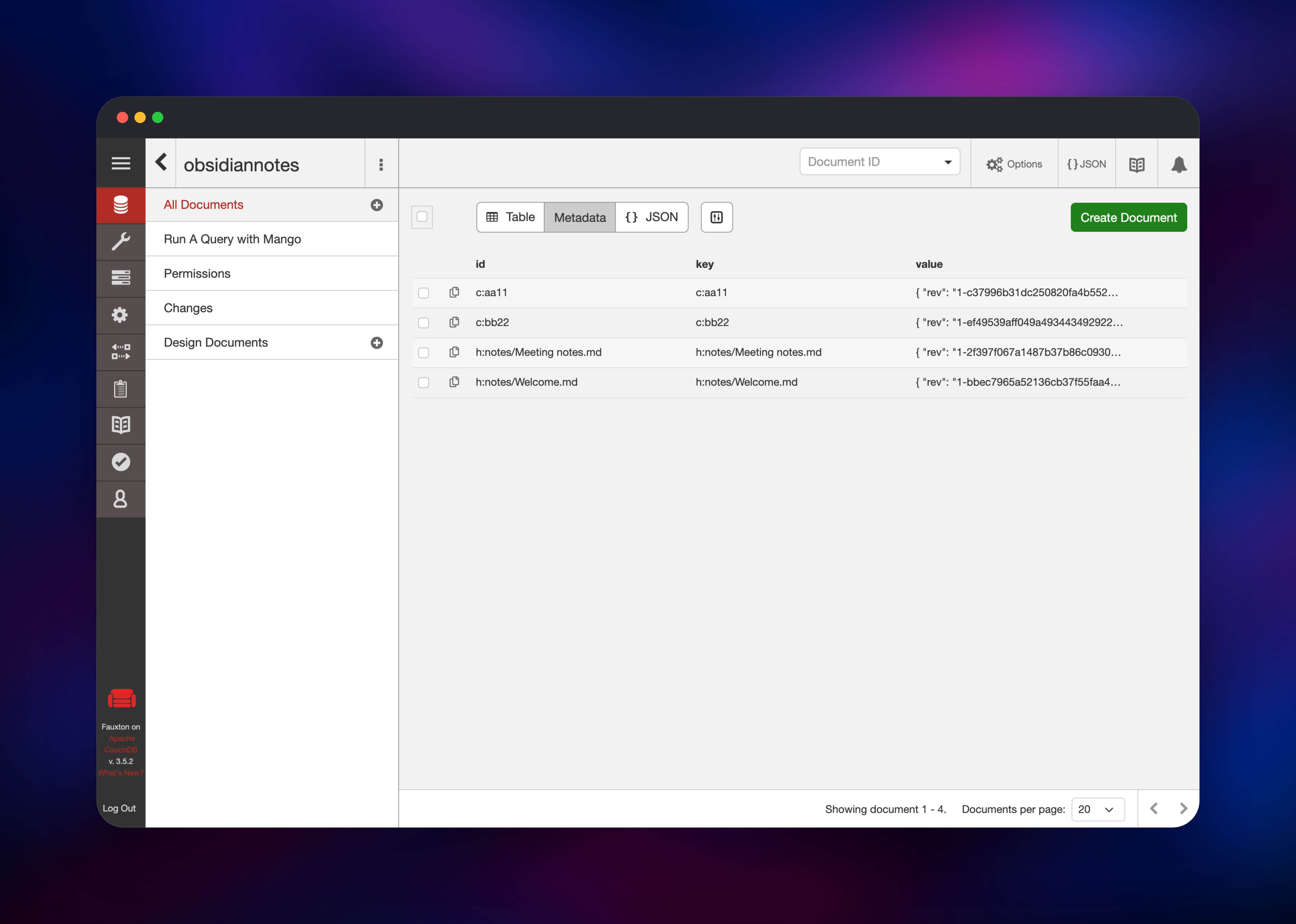 Fauxton listing four synced note documents in obsidiannotes