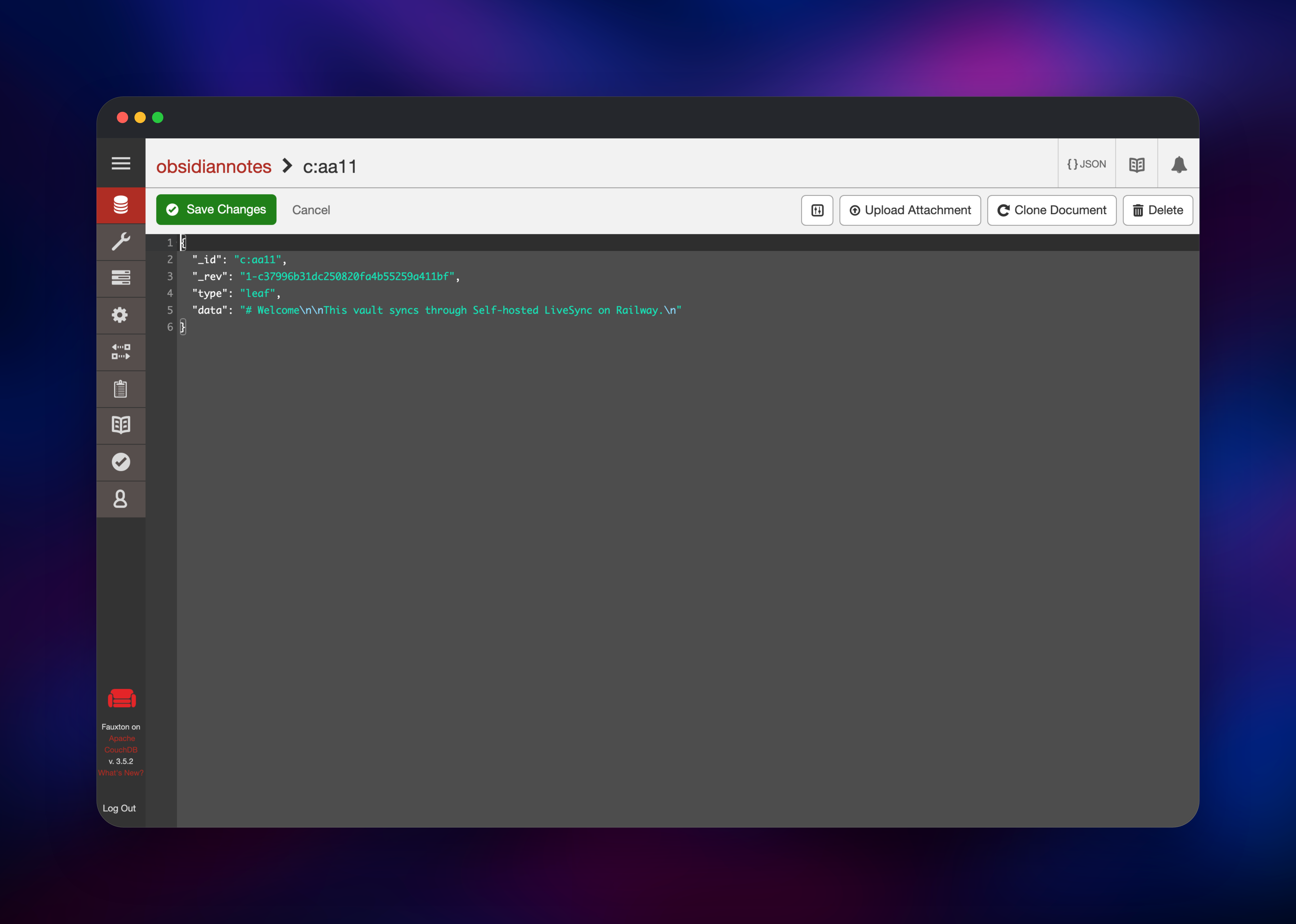 CouchDB document editor showing a stored Obsidian note