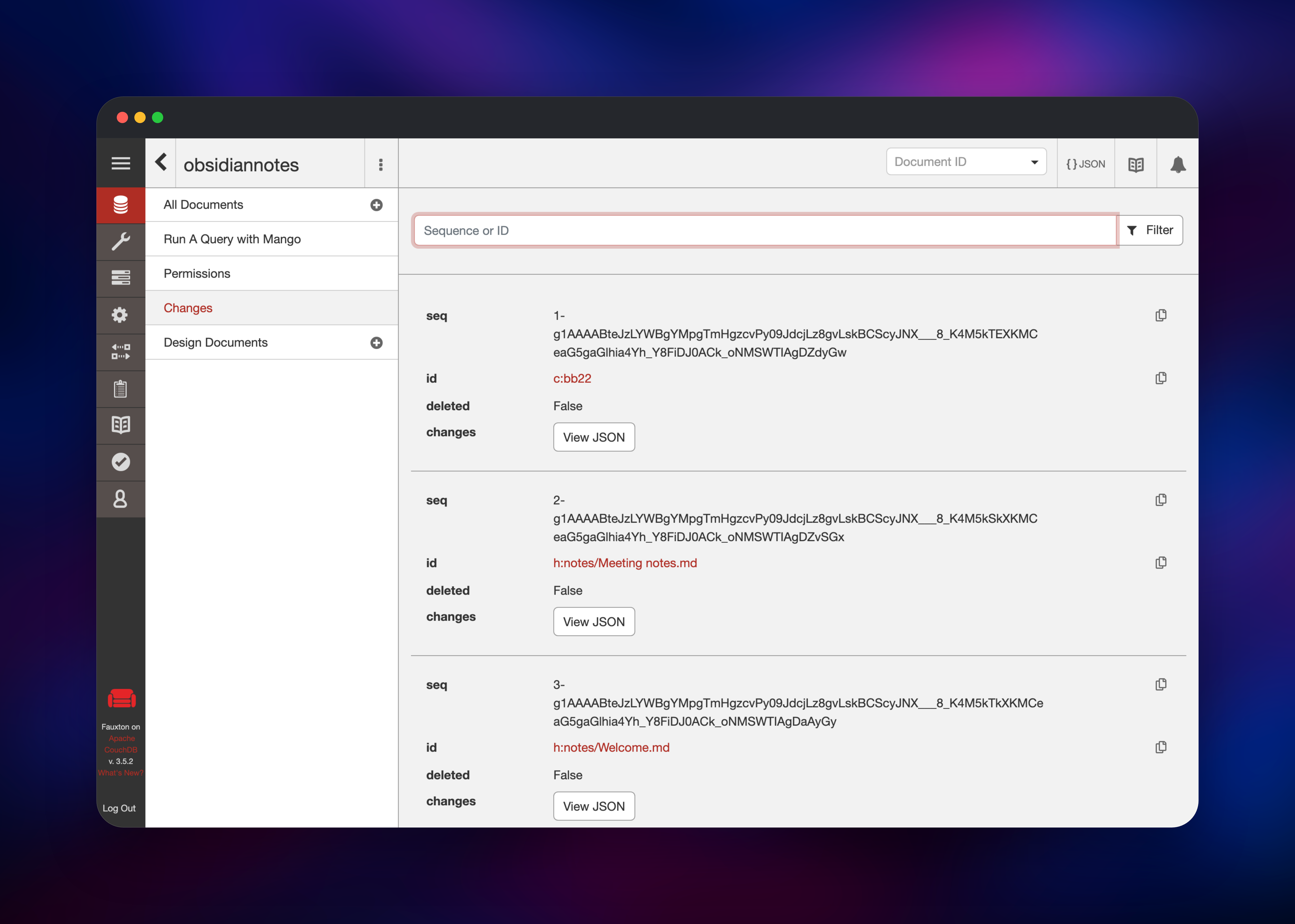 Changes feed listing recent revisions from the vault database