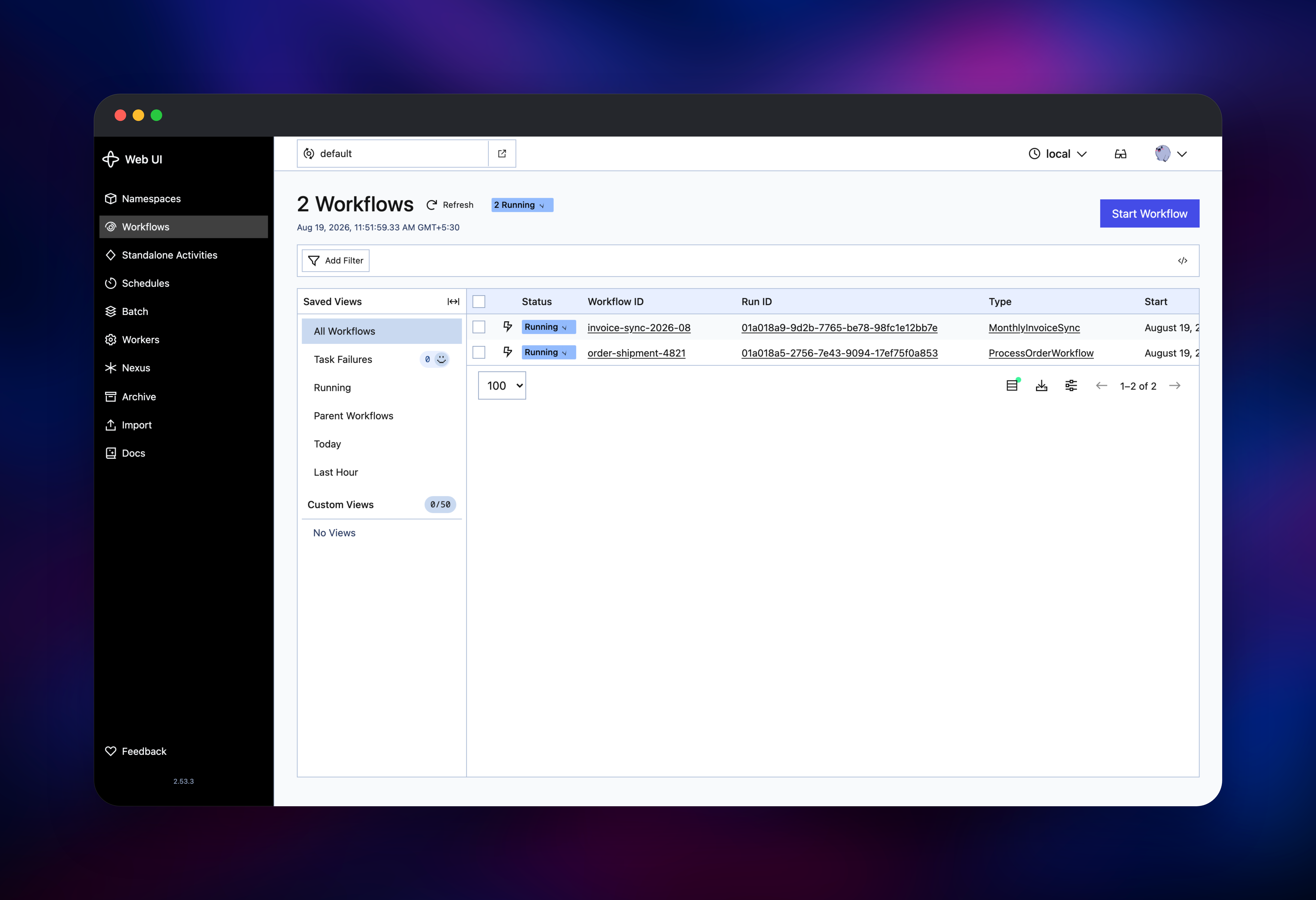 Temporal Web UI listing two running workflow executions