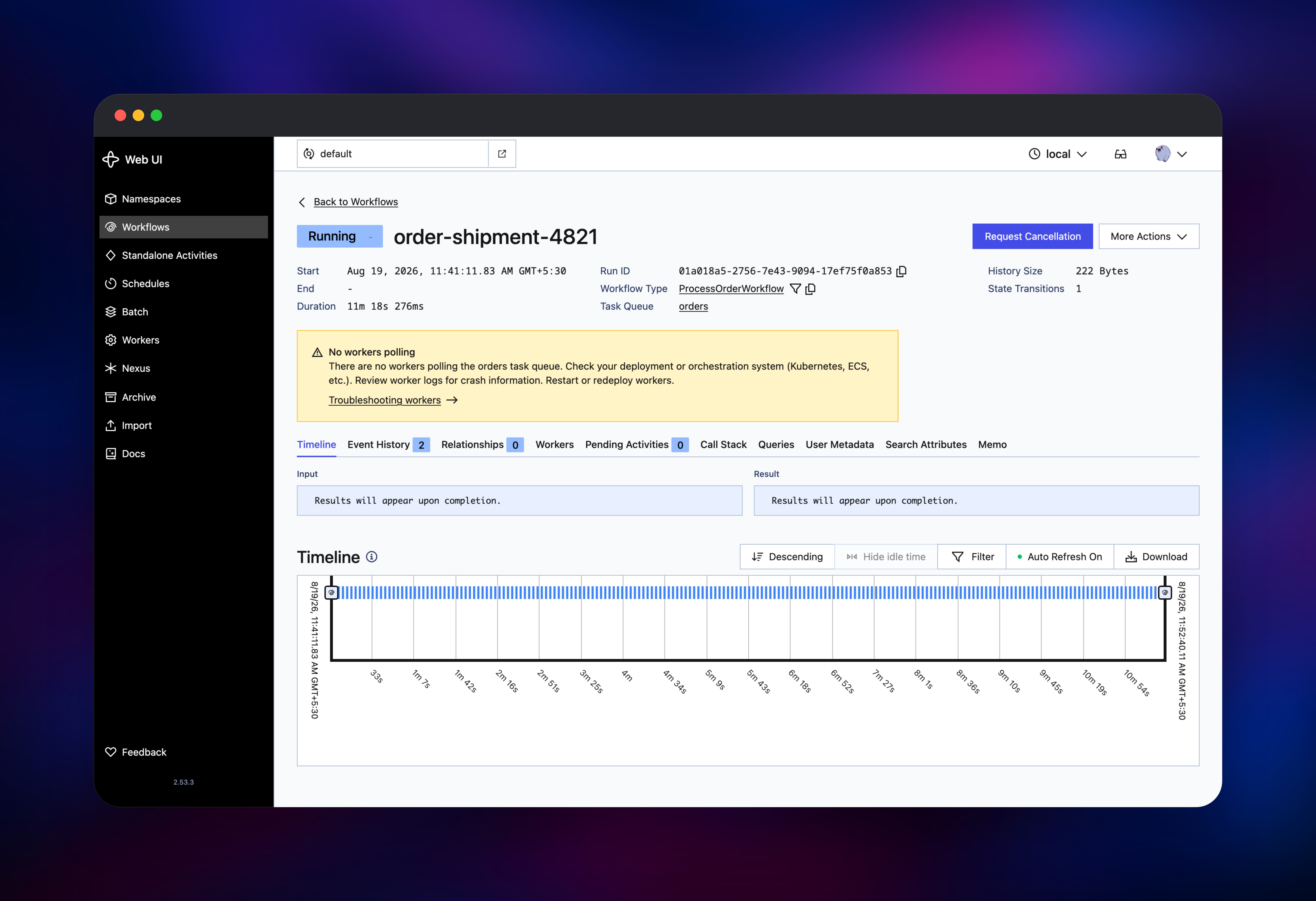 Temporal workflow detail with run ID and execution timeline