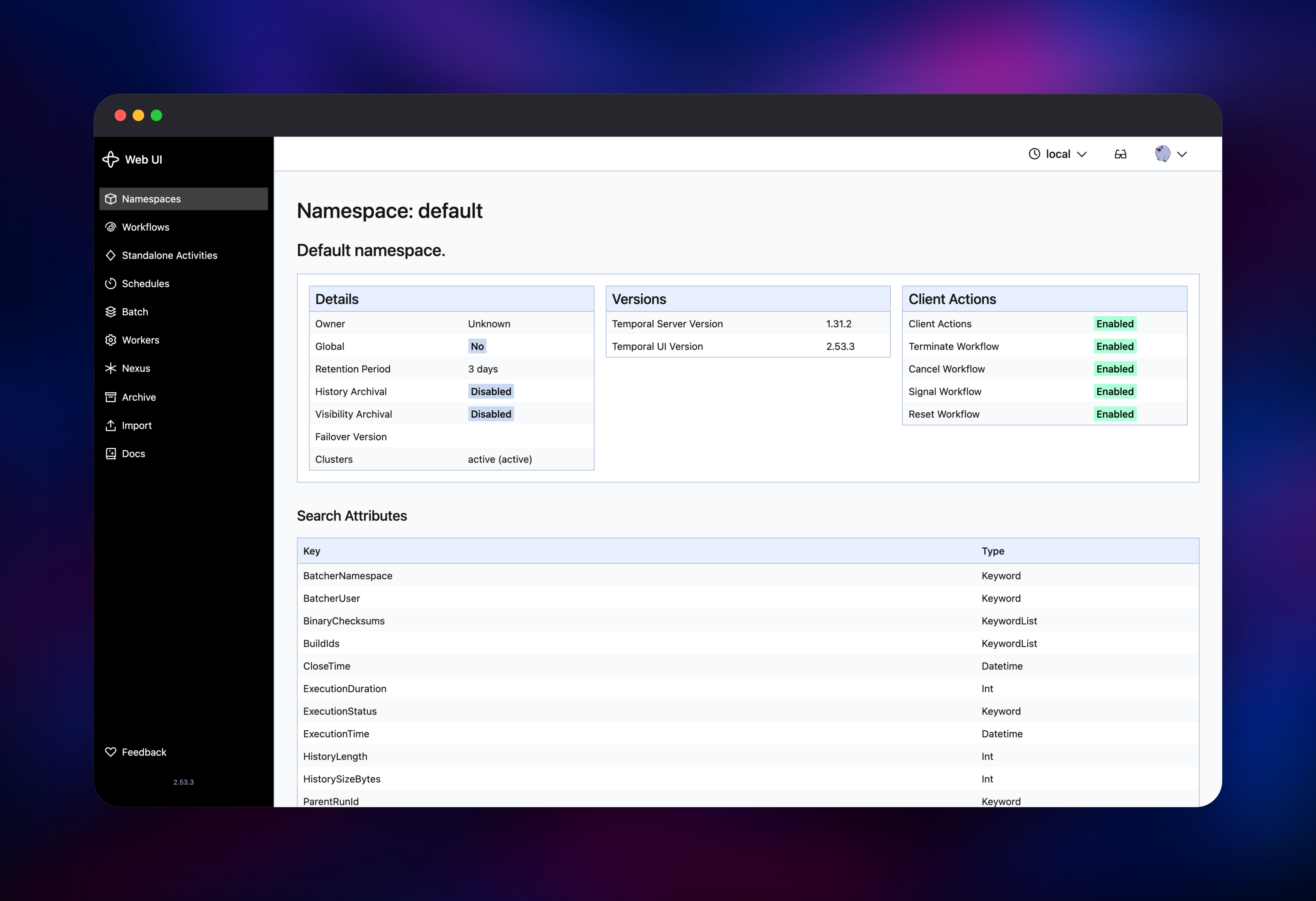 Temporal namespace settings showing retention and search attributes