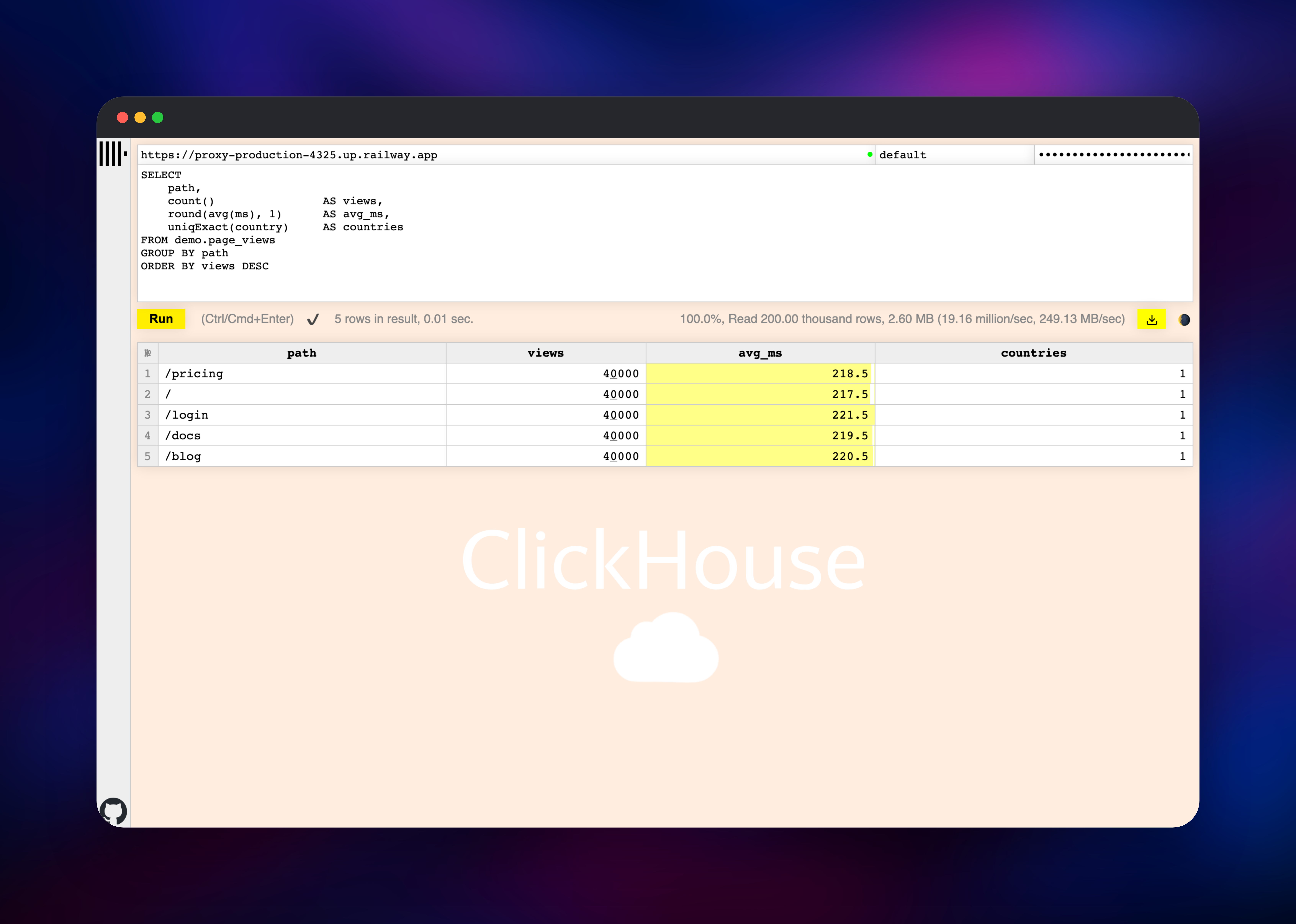 ClickHouse Play running a page-views aggregation over 200,000 rows
