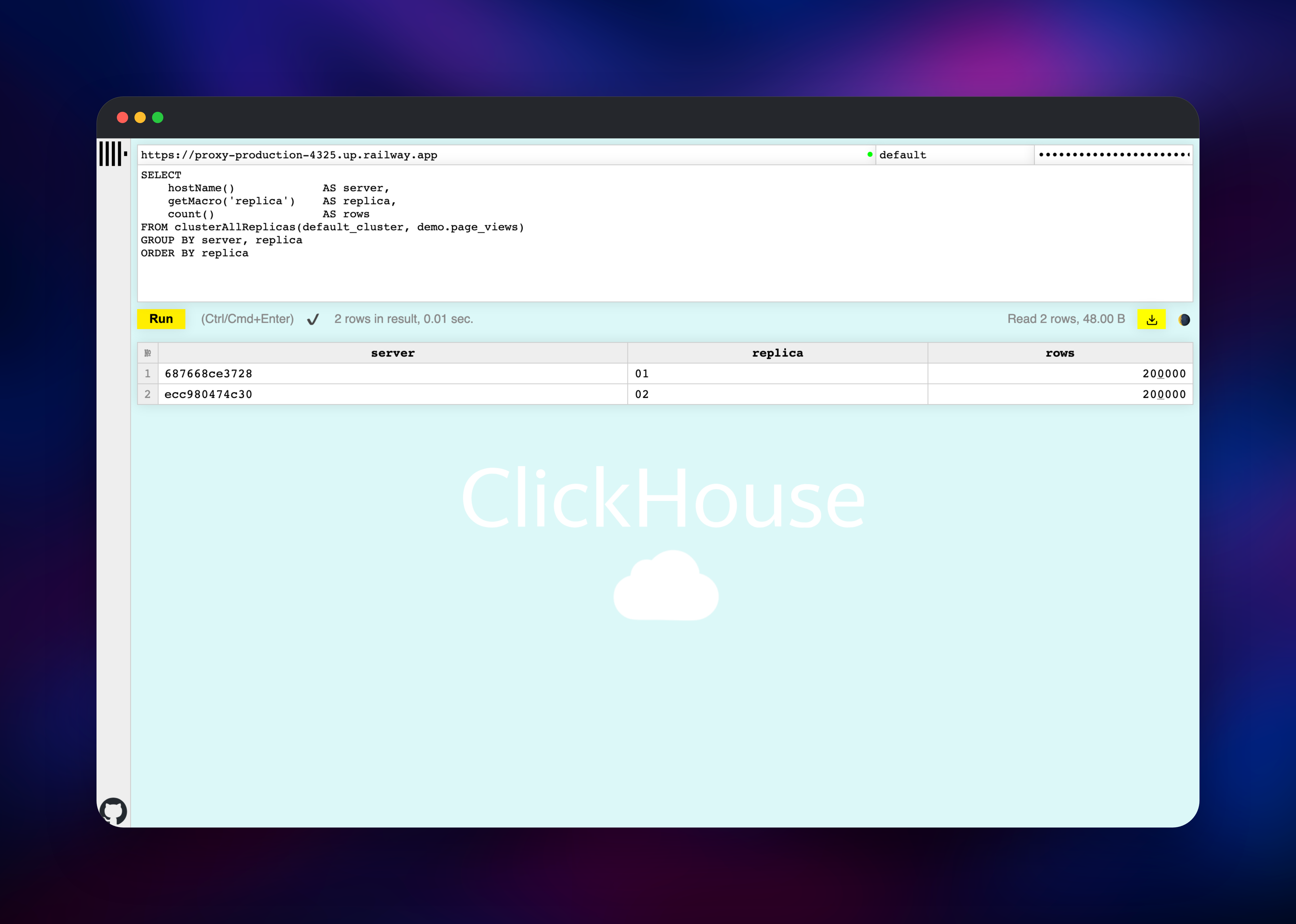 ClickHouse Play showing identical row counts on both replicas