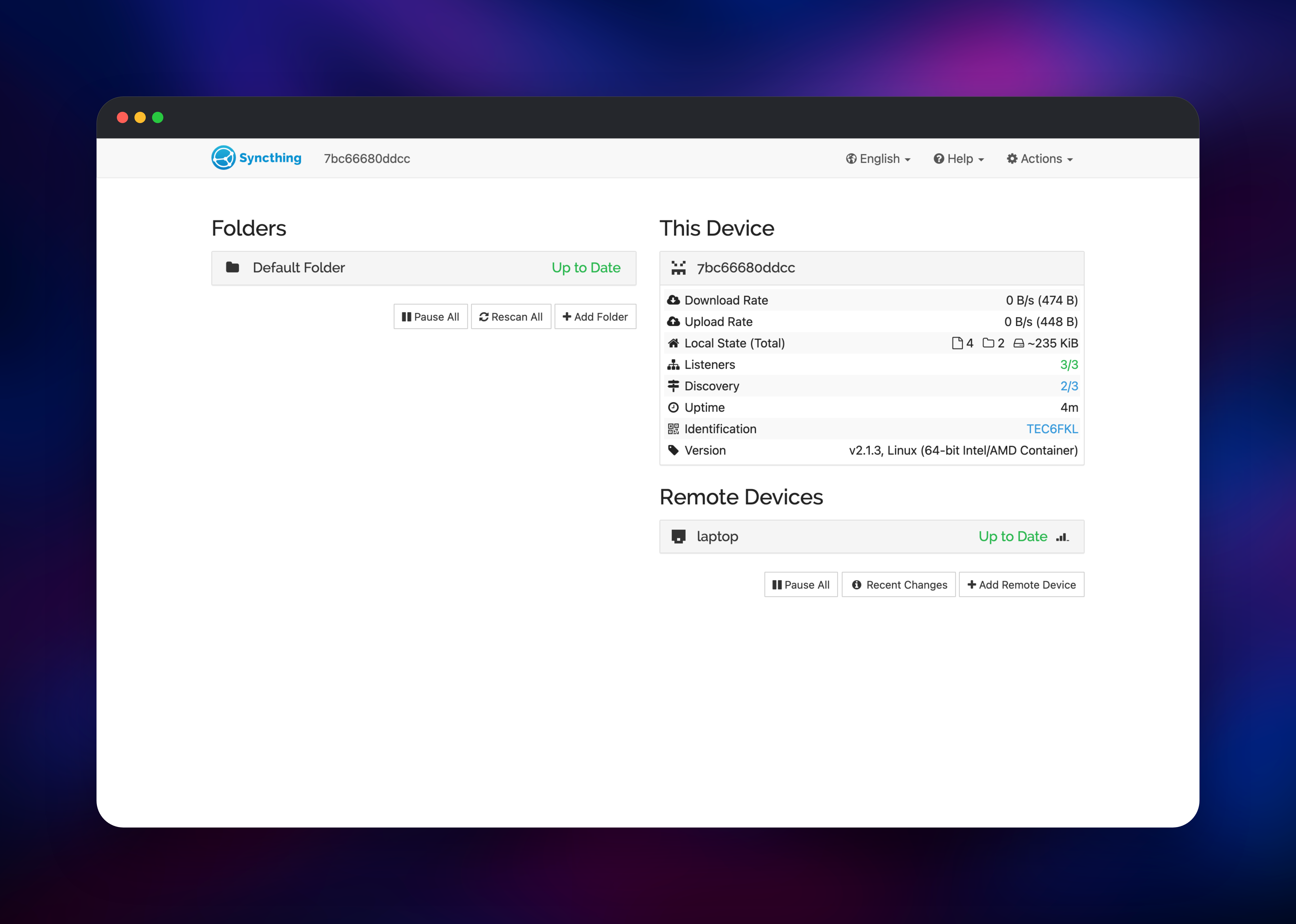 Syncthing dashboard with a synced folder and a connected laptop