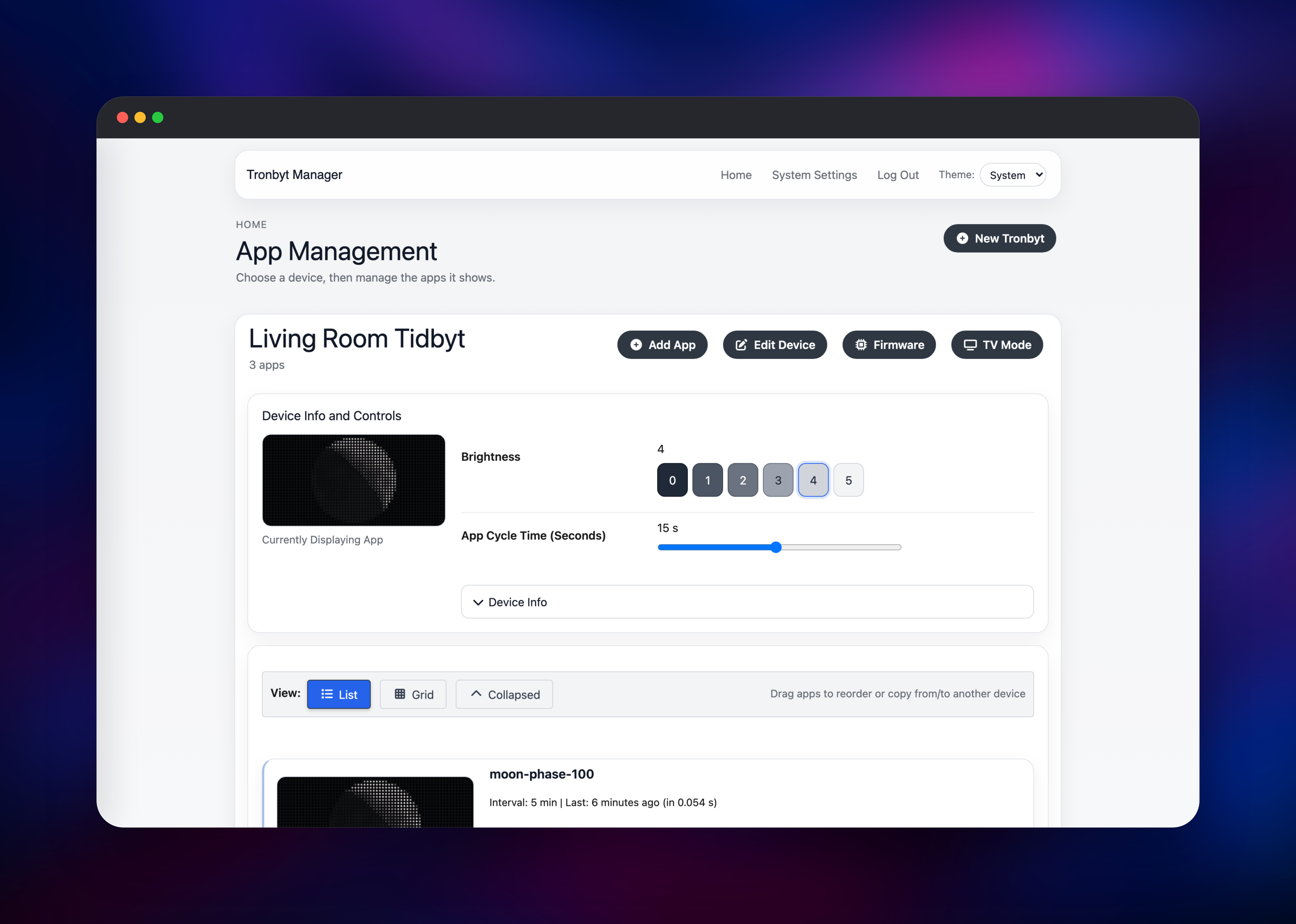 Tronbyt Server dashboard managing a Tidbyt device's apps