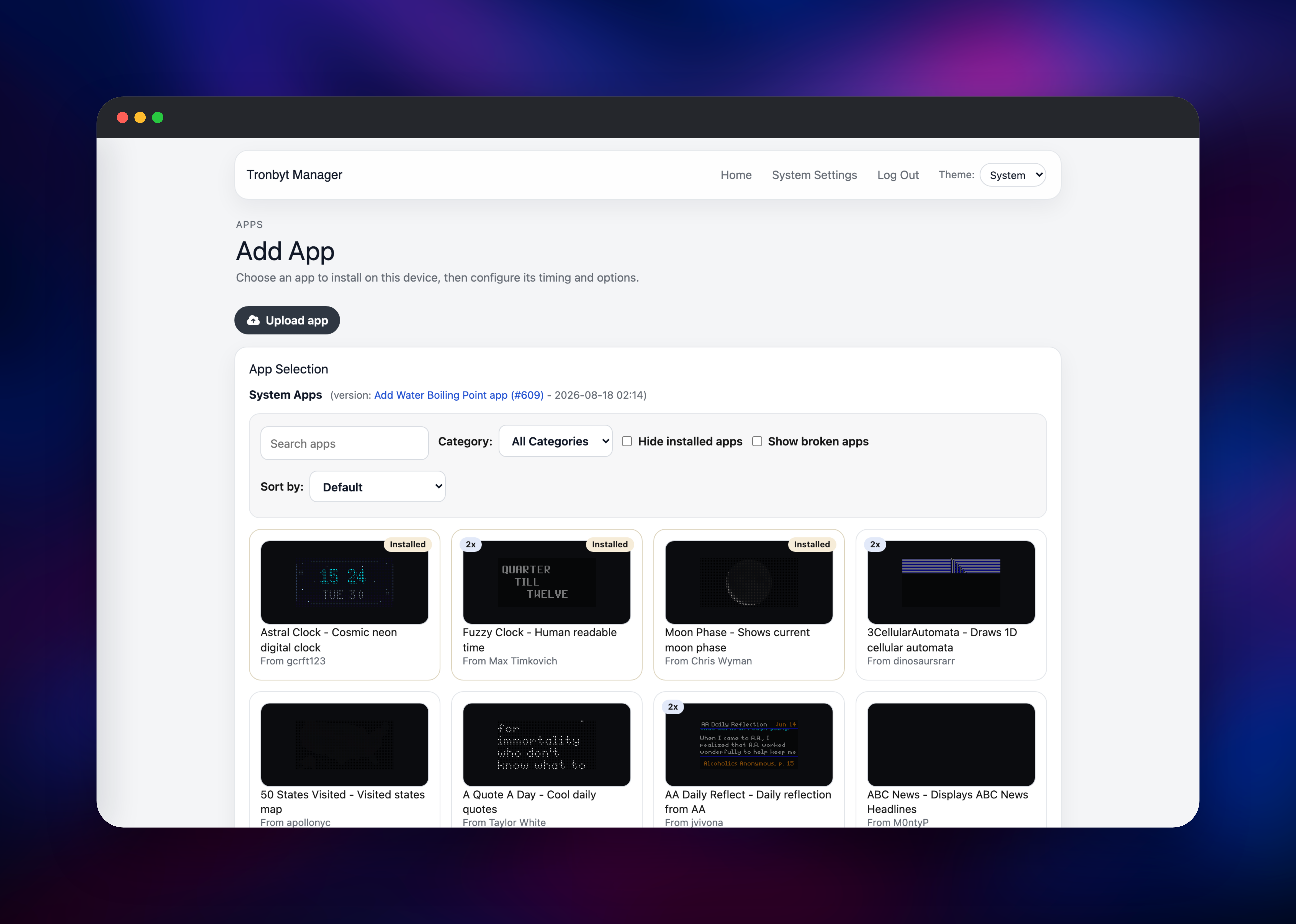 Tronbyt Server app catalogue with rendered pixel-art previews
