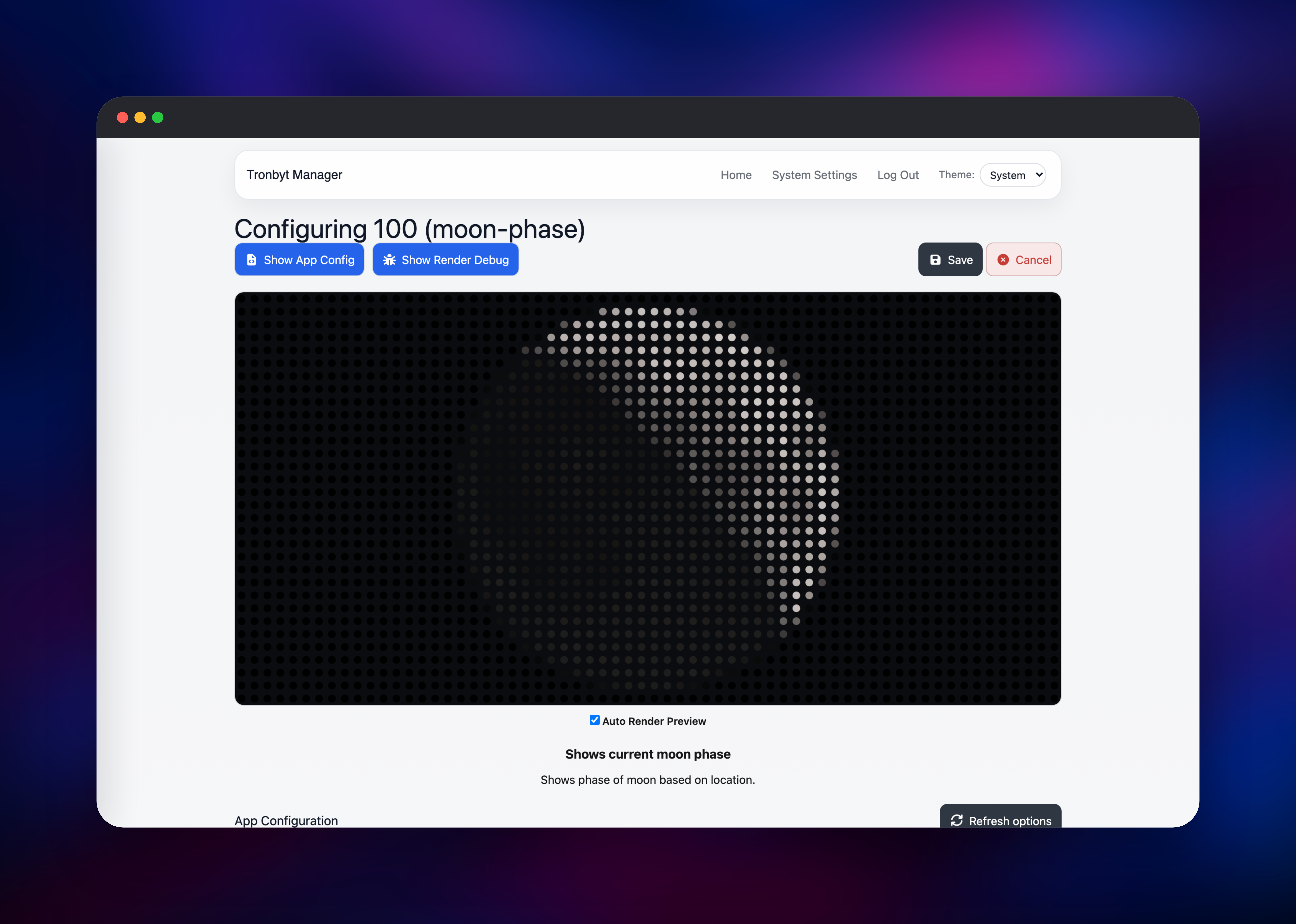 Tronbyt Server rendering the Moon Phase app on a simulated LED matrix