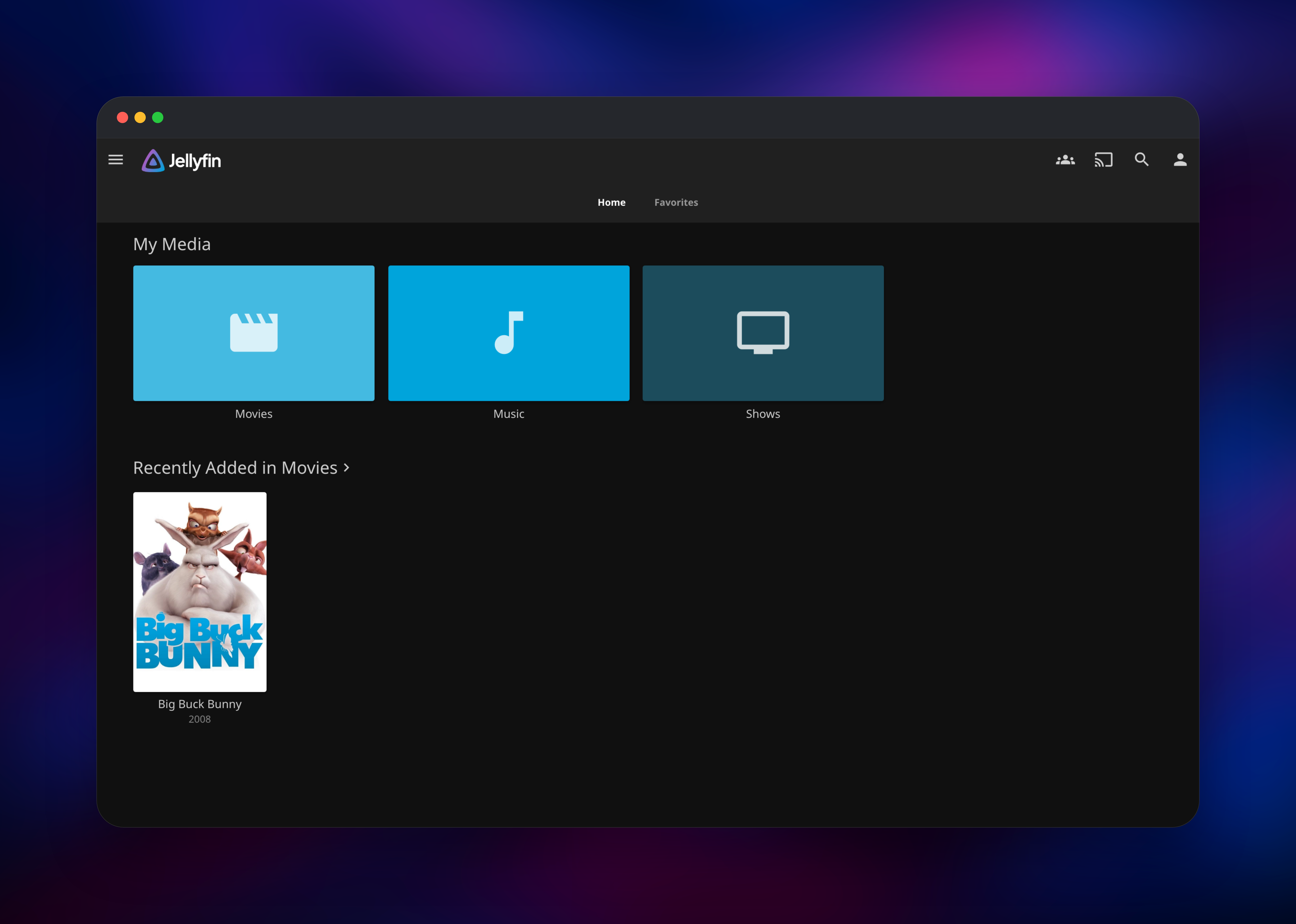 Jellyfin home screen with Movies, Music and Shows libraries