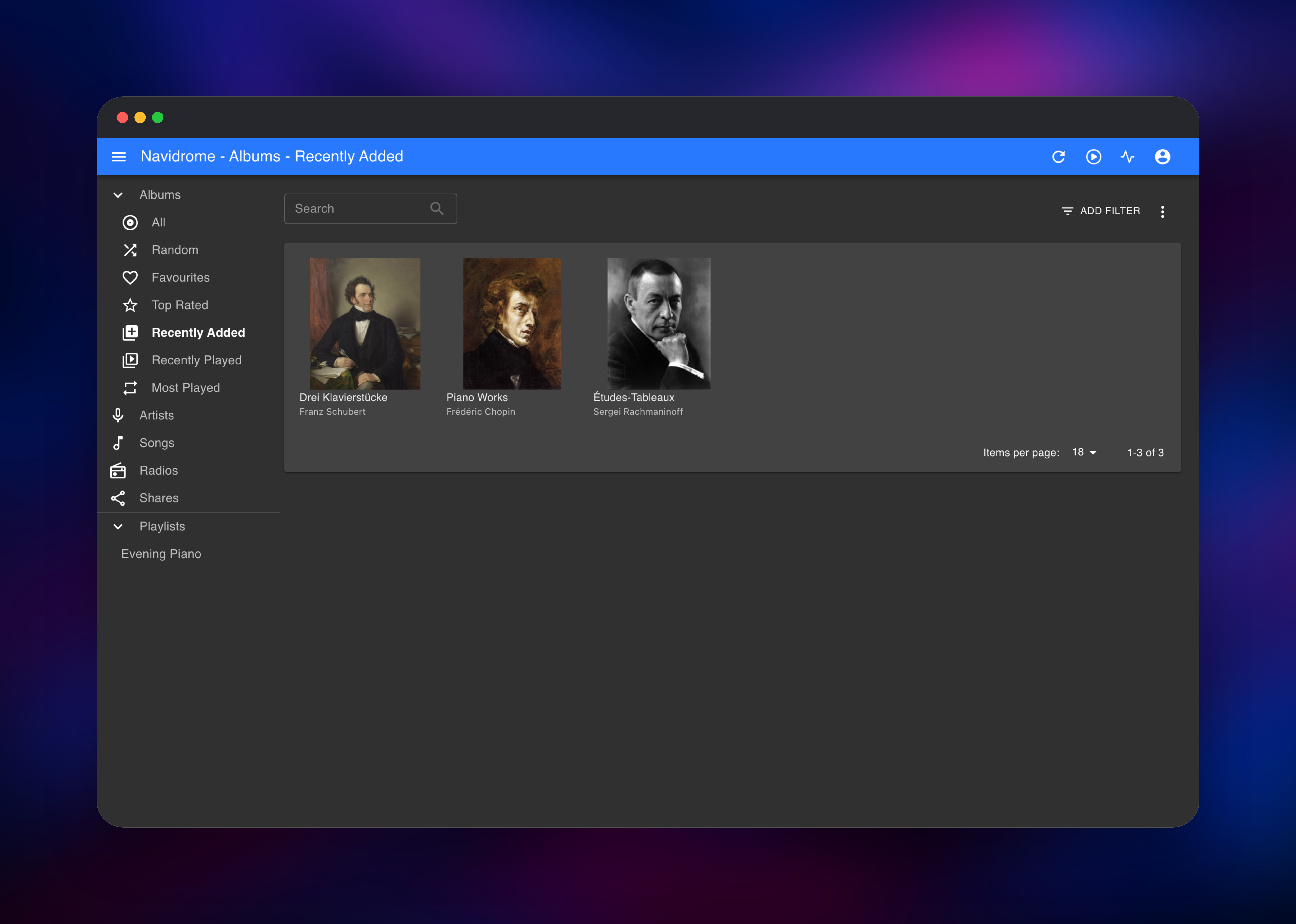 Navidrome album grid showing three classical albums with cover art