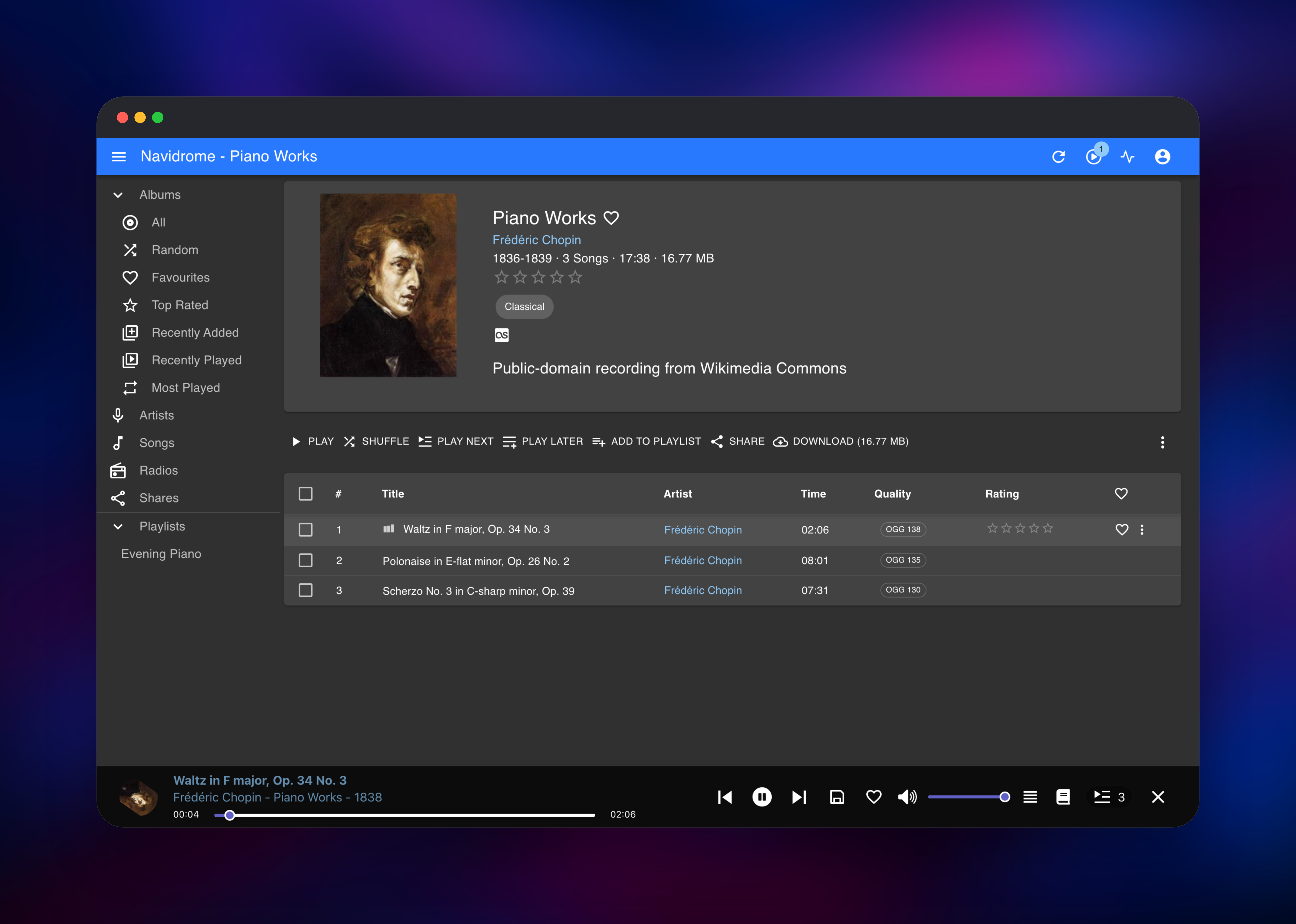 Chopin album track list with the Waltz playing in the player bar