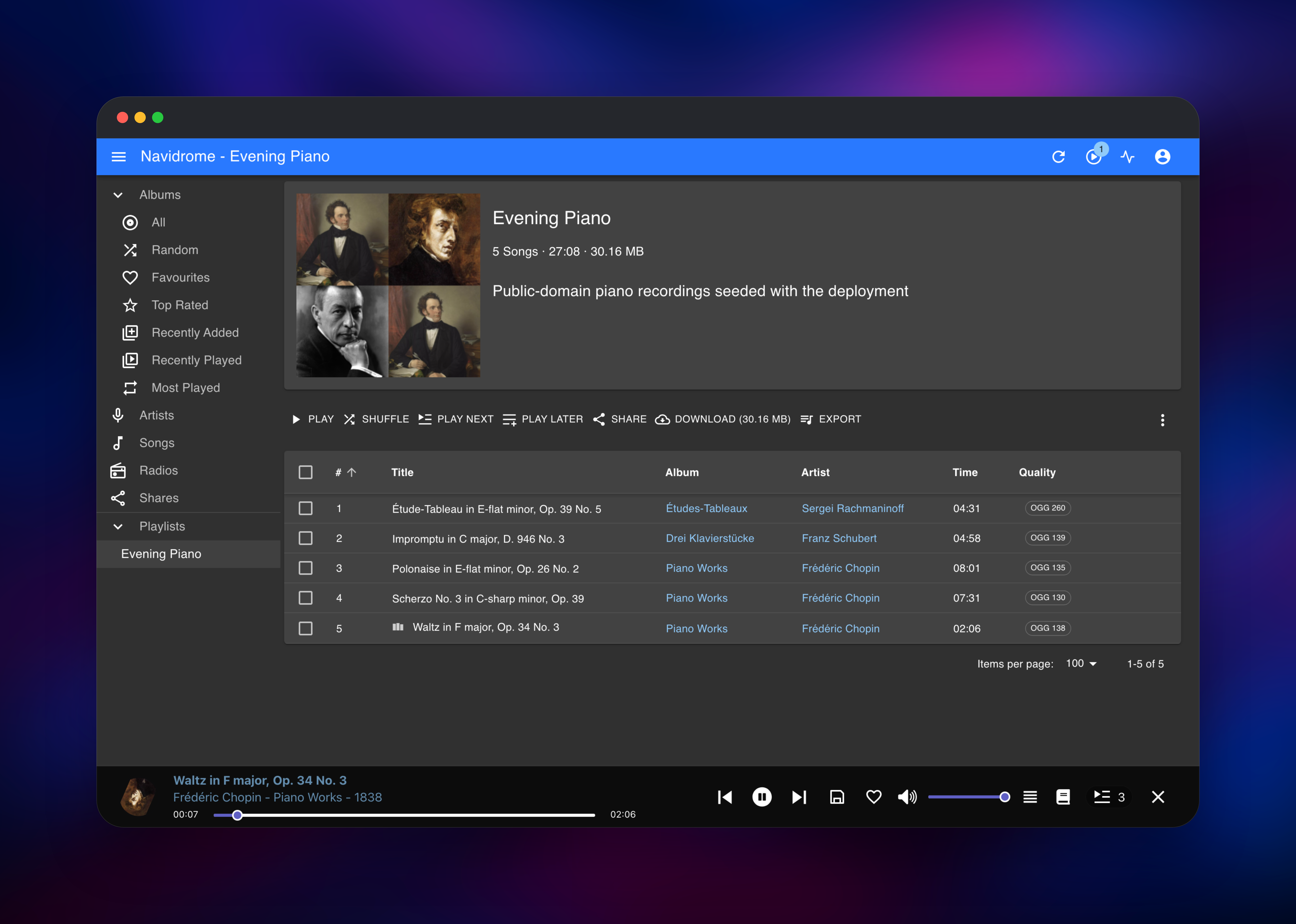 Navidrome playlist of five piano tracks with total running time
