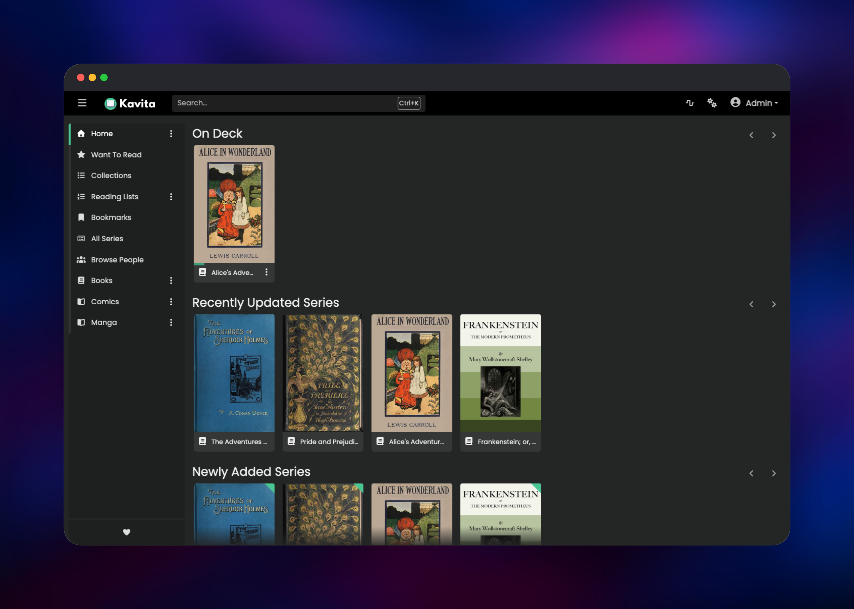 Kavita home screen with book covers and On Deck reading