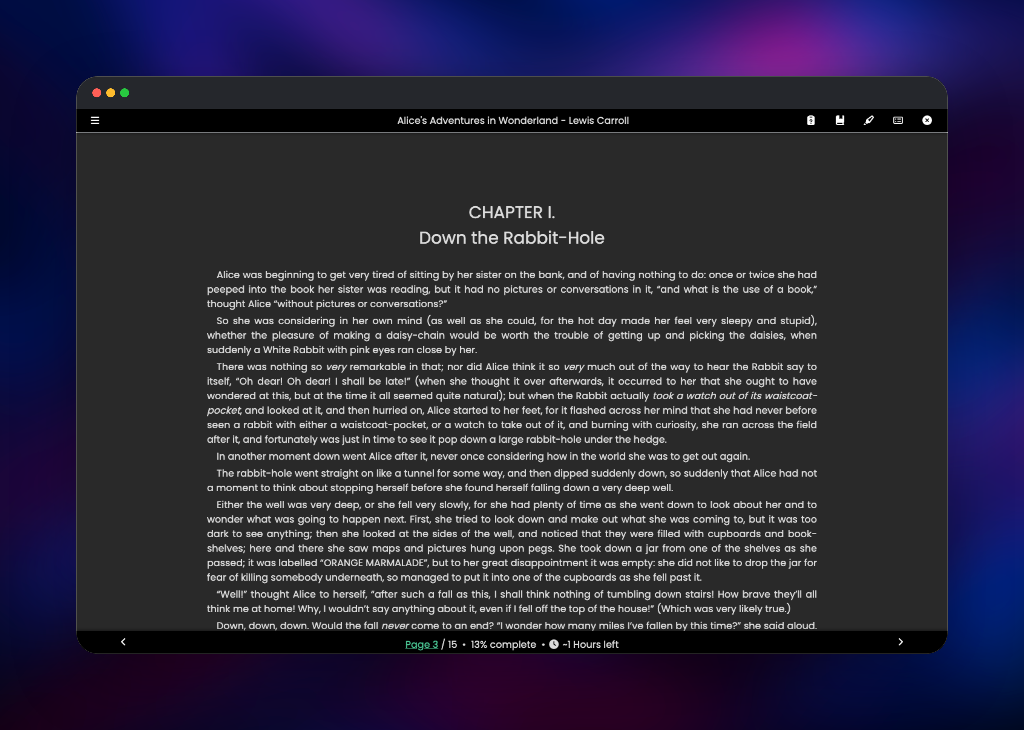 Kavita ebook reader displaying a chapter of Alice in Wonderland