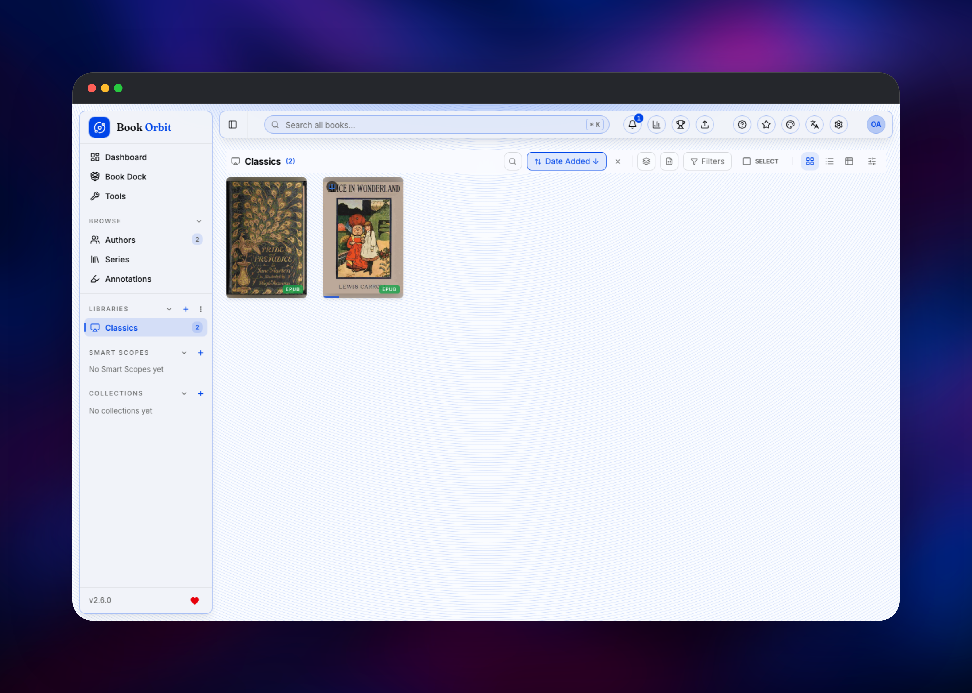 BookOrbit library grid showing two classic ebook covers
