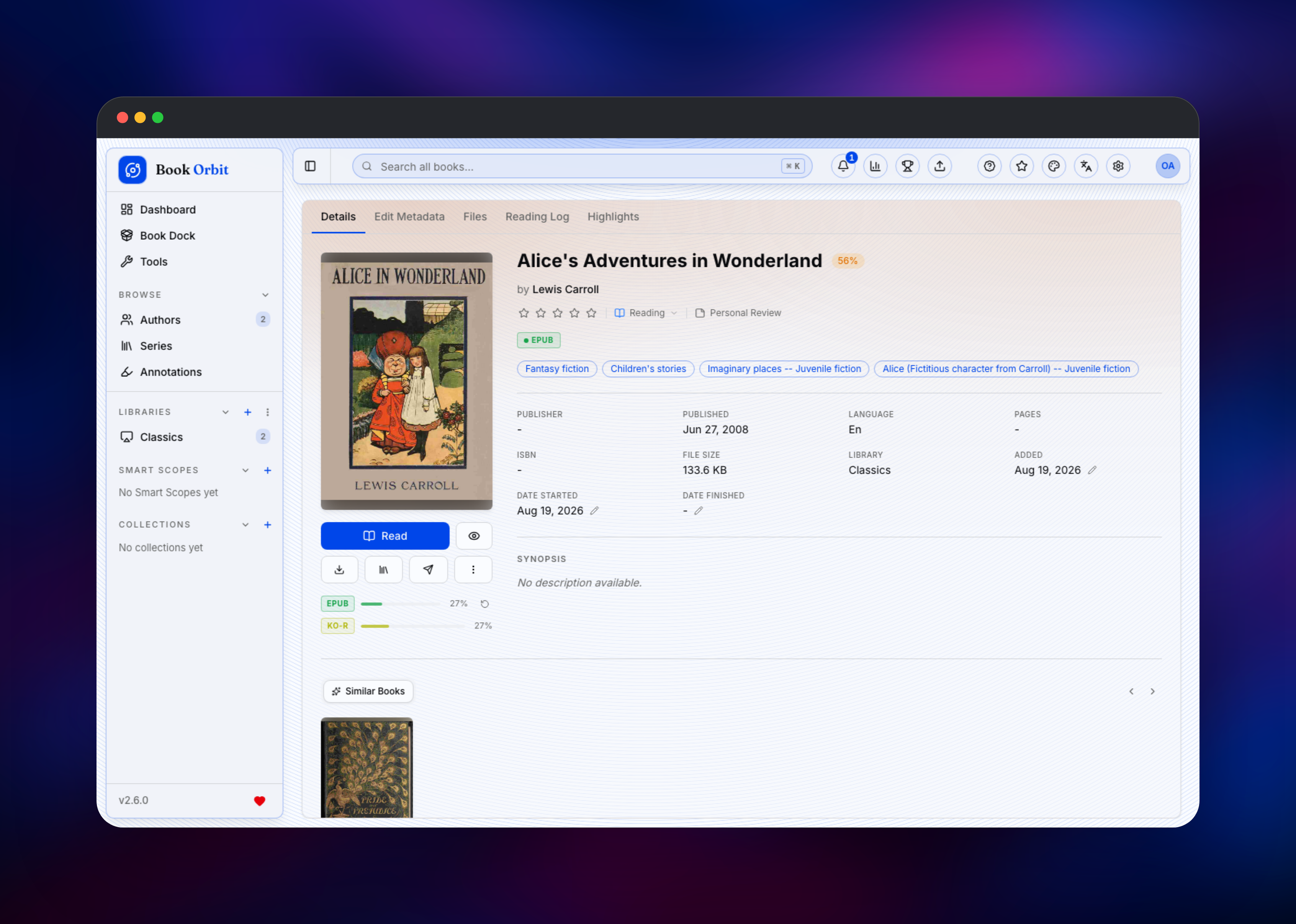 BookOrbit book detail page with extracted ebook metadata