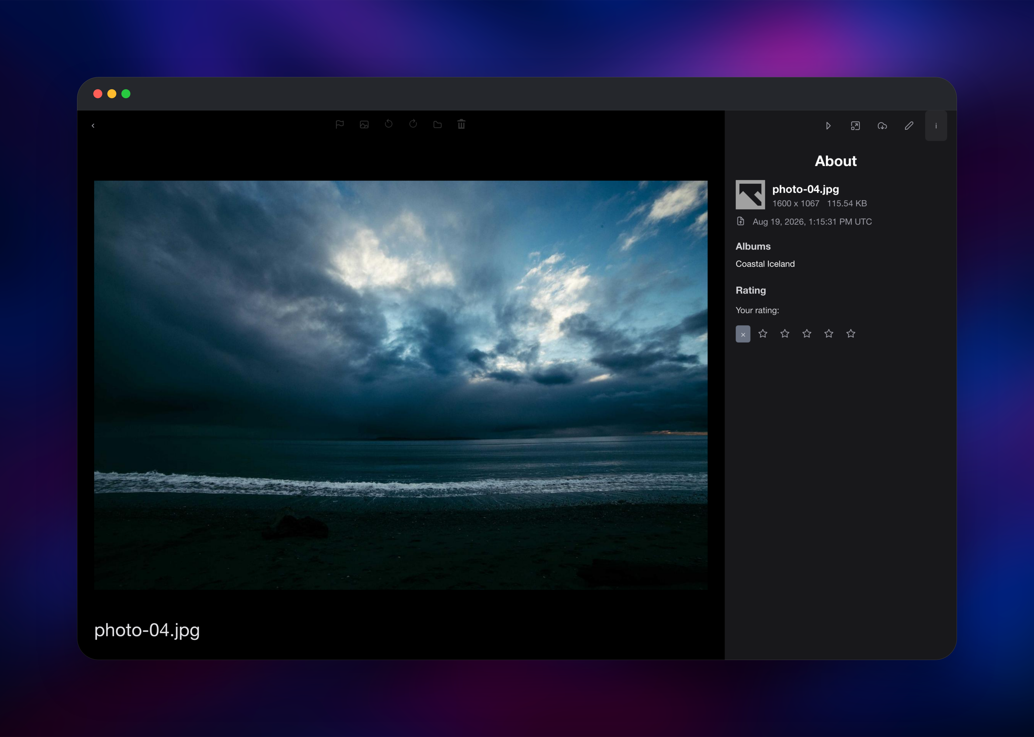 Lychee photo viewer with the About metadata sidebar open