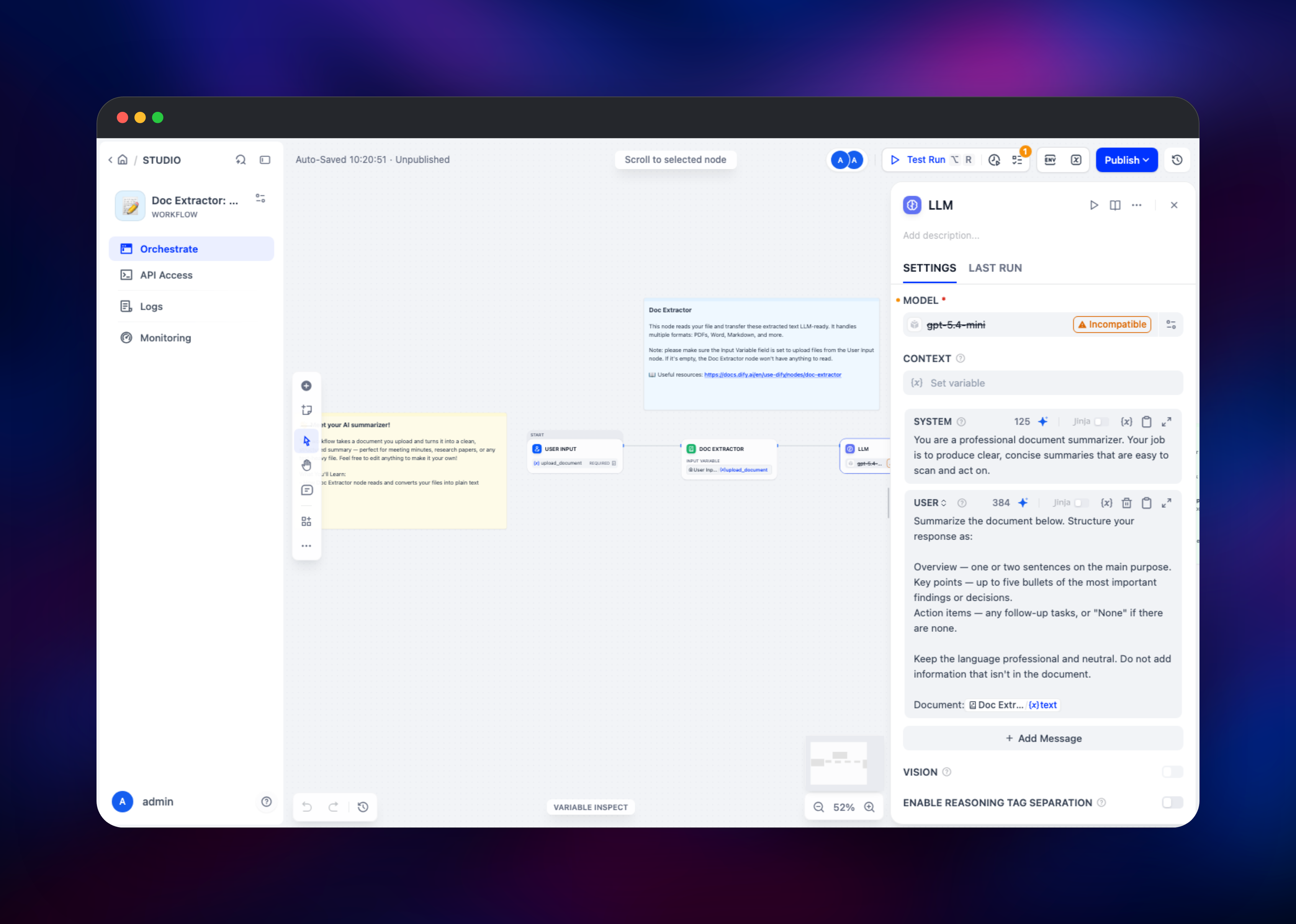 Dify workflow canvas wiring a document extractor into an LLM node