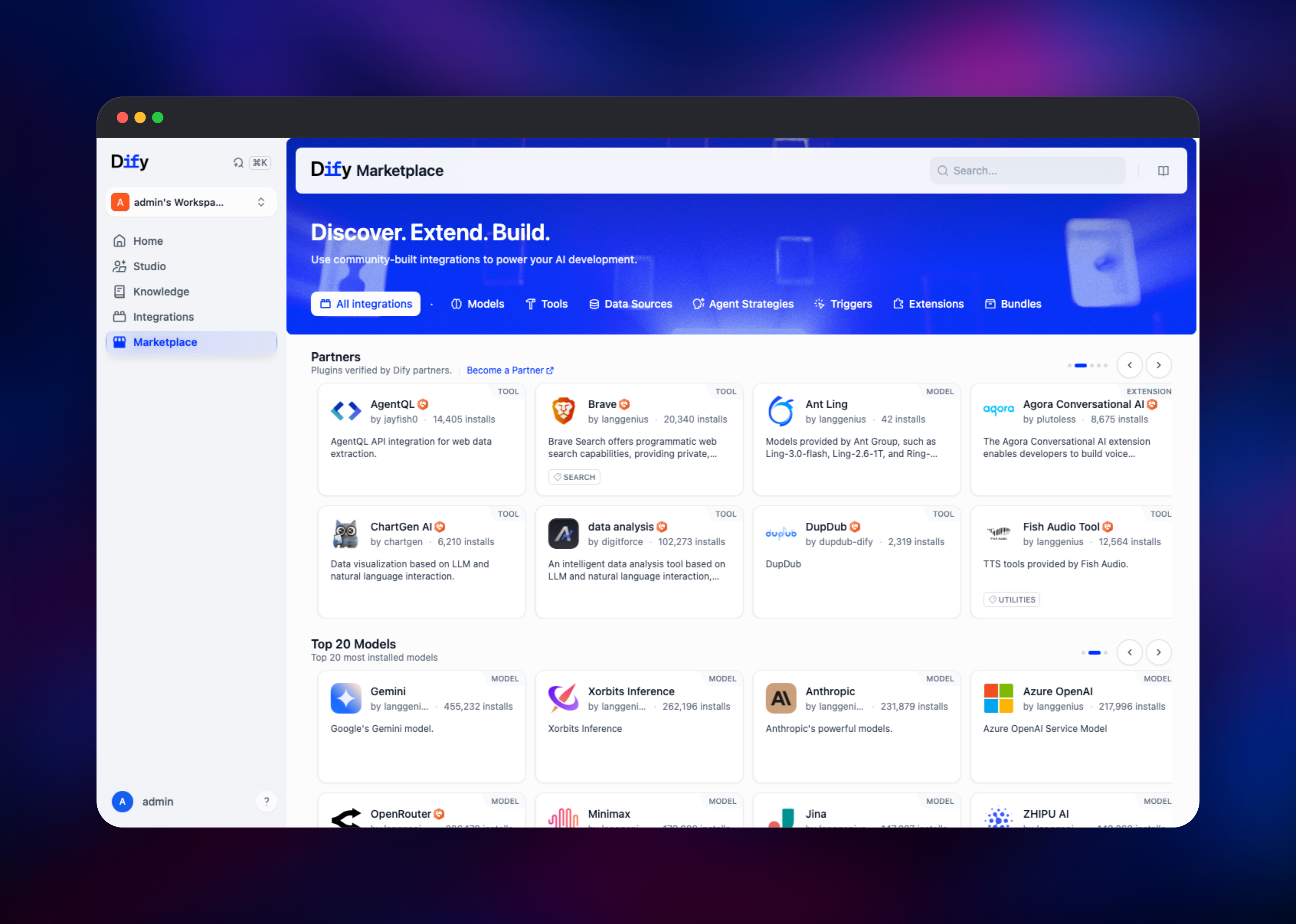 Dify plugin marketplace listing partner tools and model providers