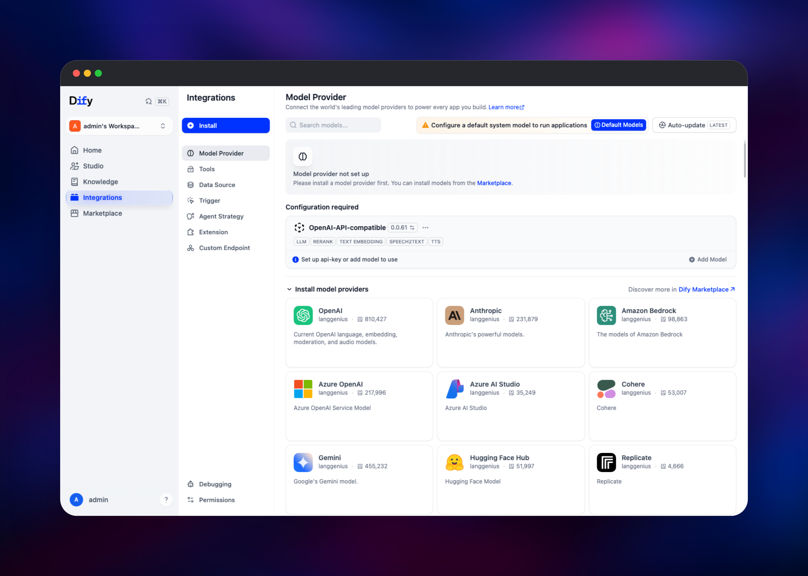 Dify model provider settings with an installed OpenAI-compatible plugin