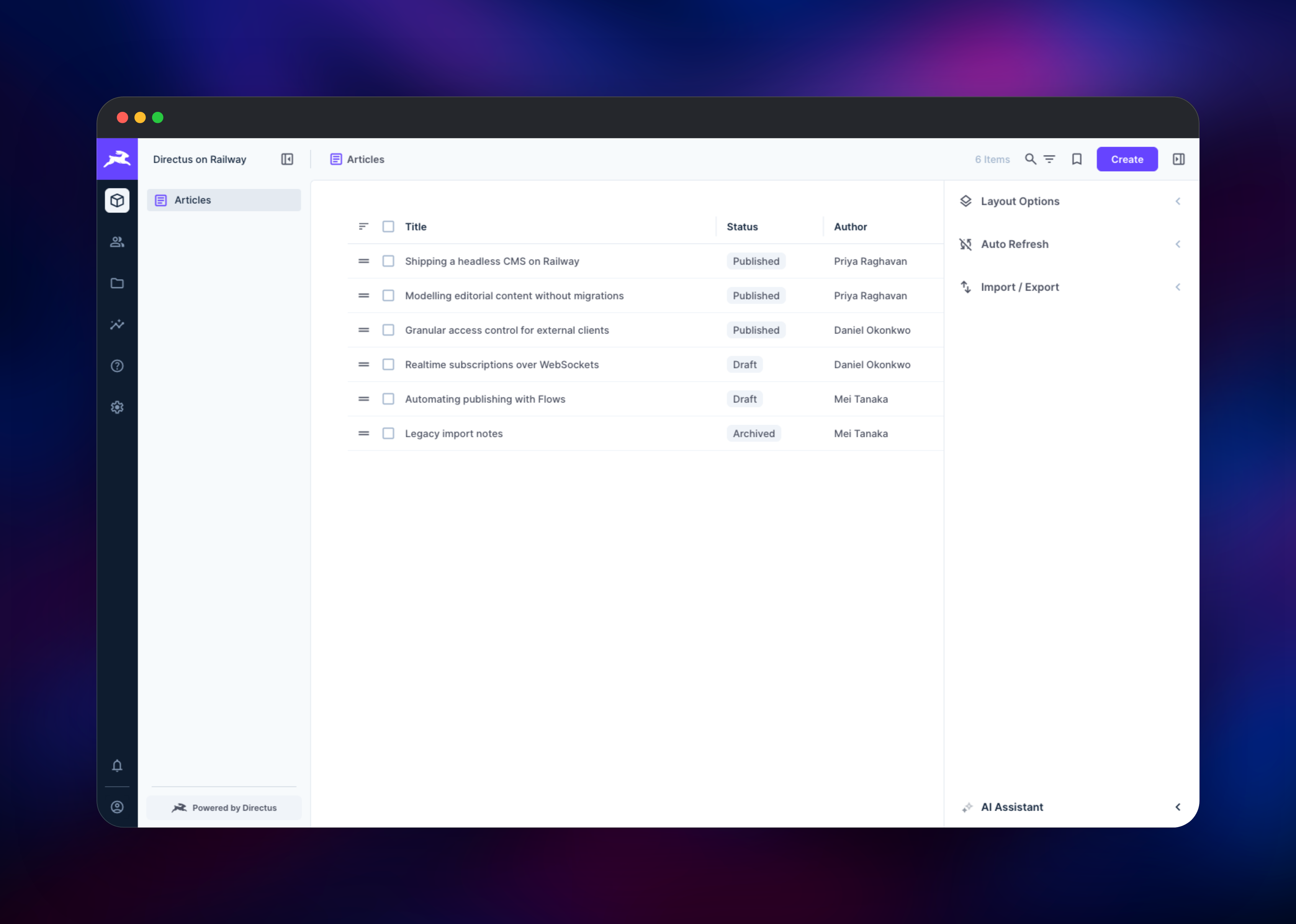 Directus collection page listing six editorial articles by status