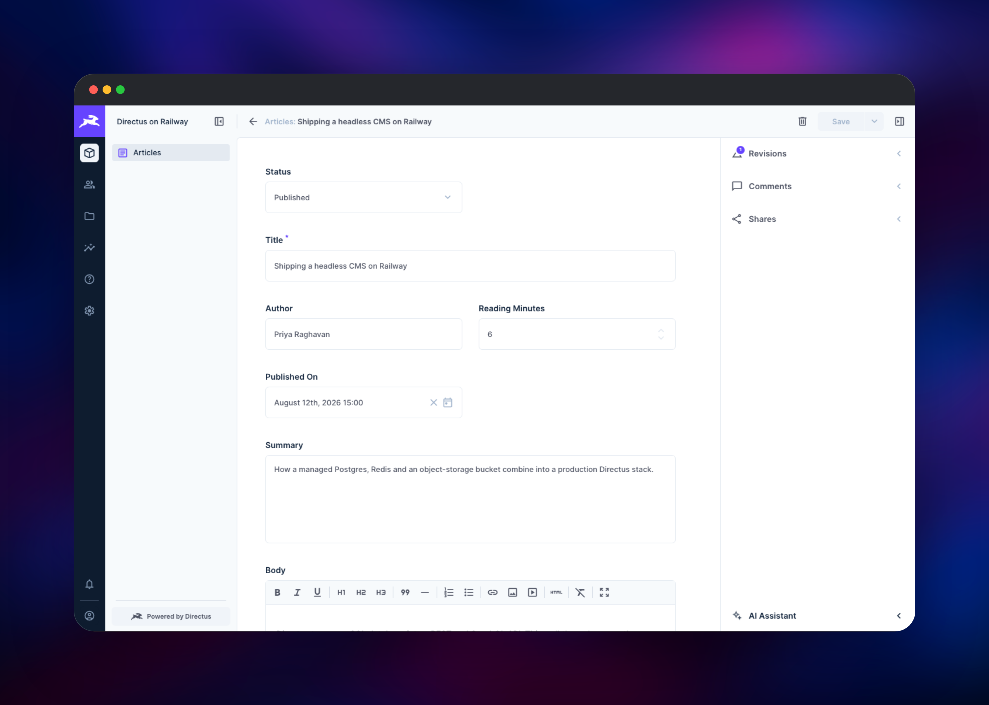 Directus item editor showing an article's fields and body