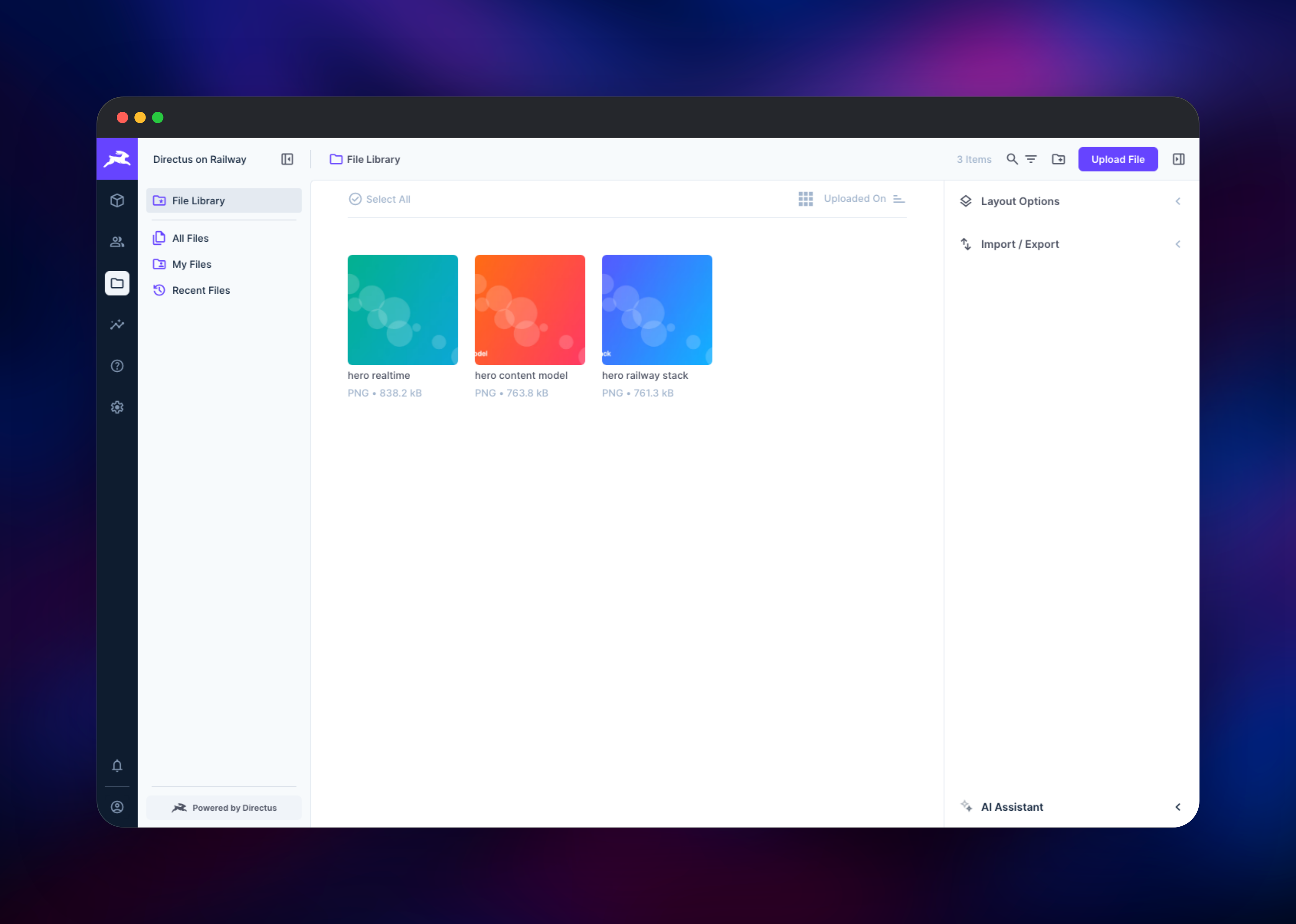 Directus file library with three uploaded image thumbnails