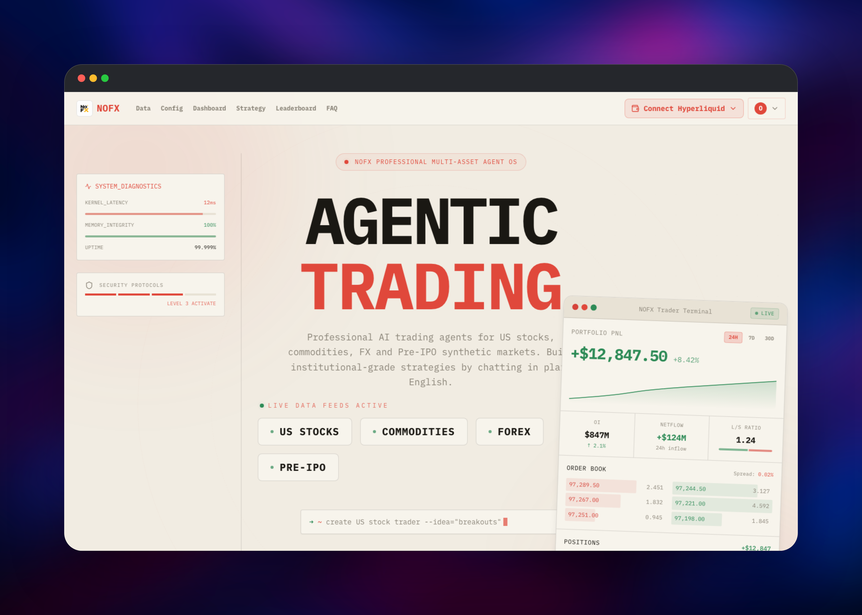 NOFX landing page with live market data feed panels