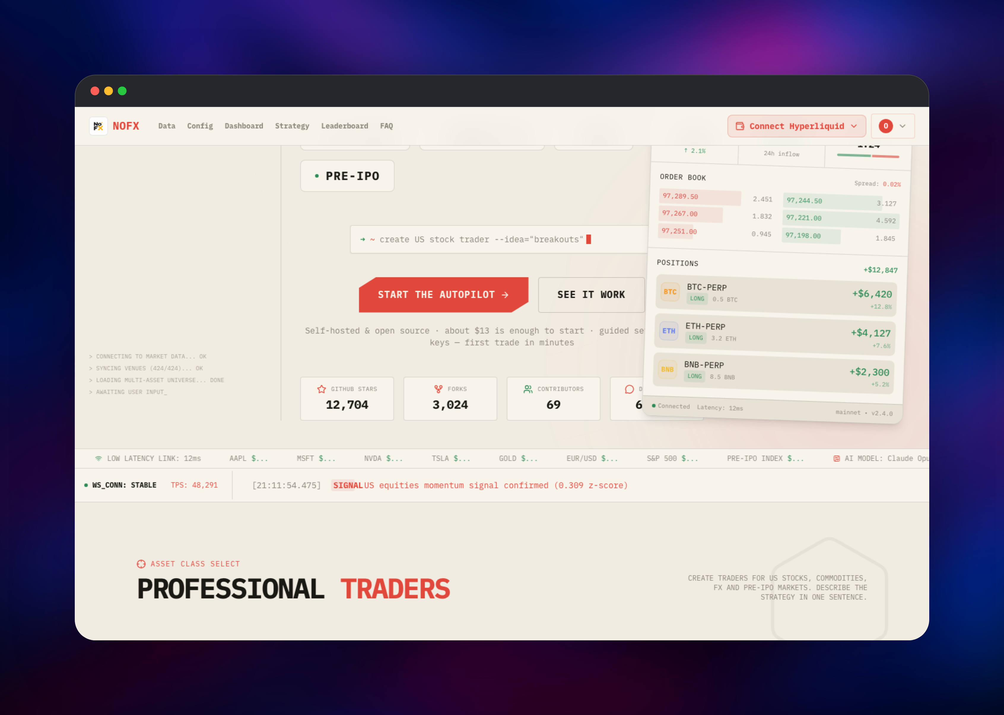NOFX order book and open perpetual positions panels