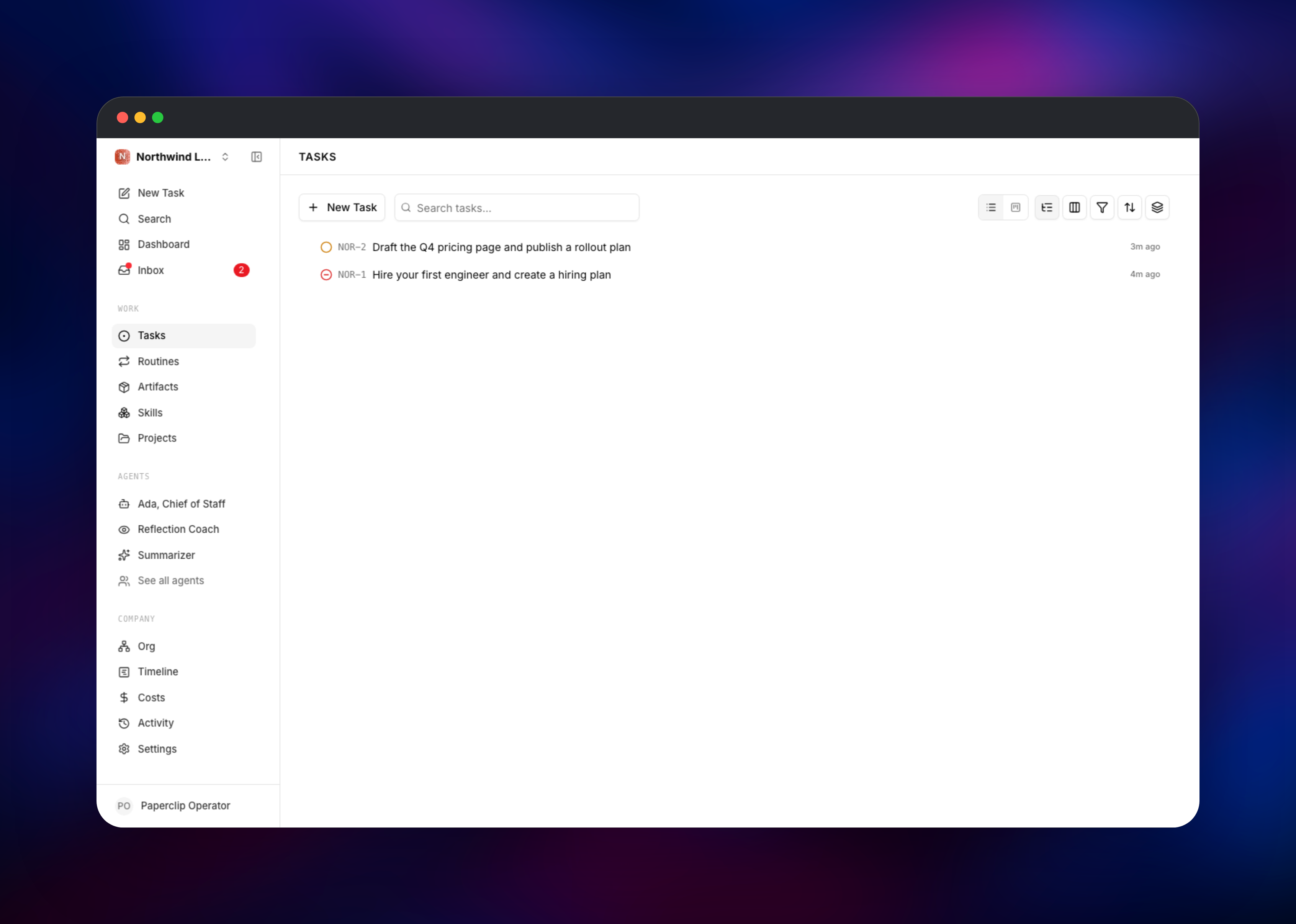 Paperclip task list with two tickets and their statuses