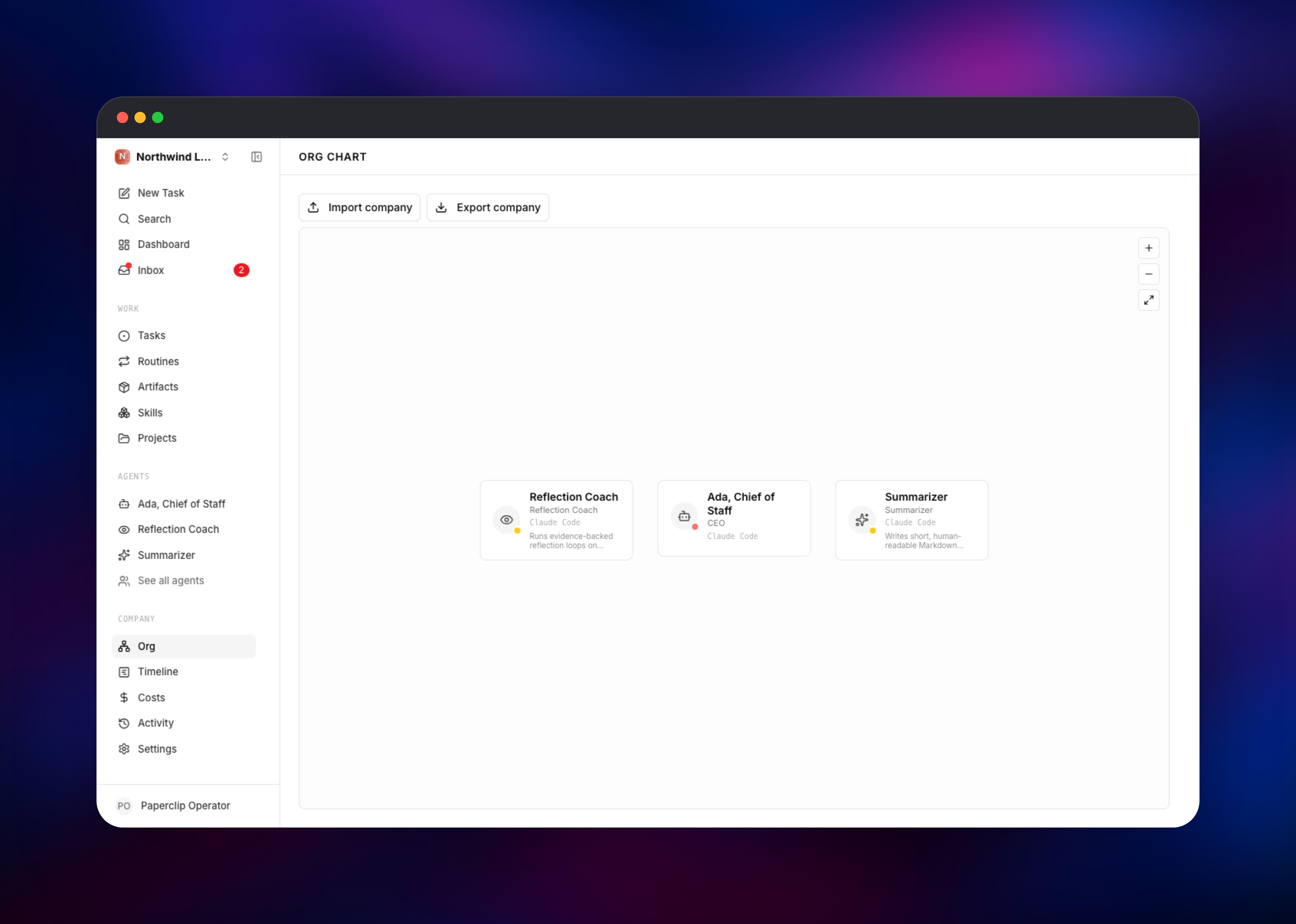 Paperclip org chart of three AI agents and roles
