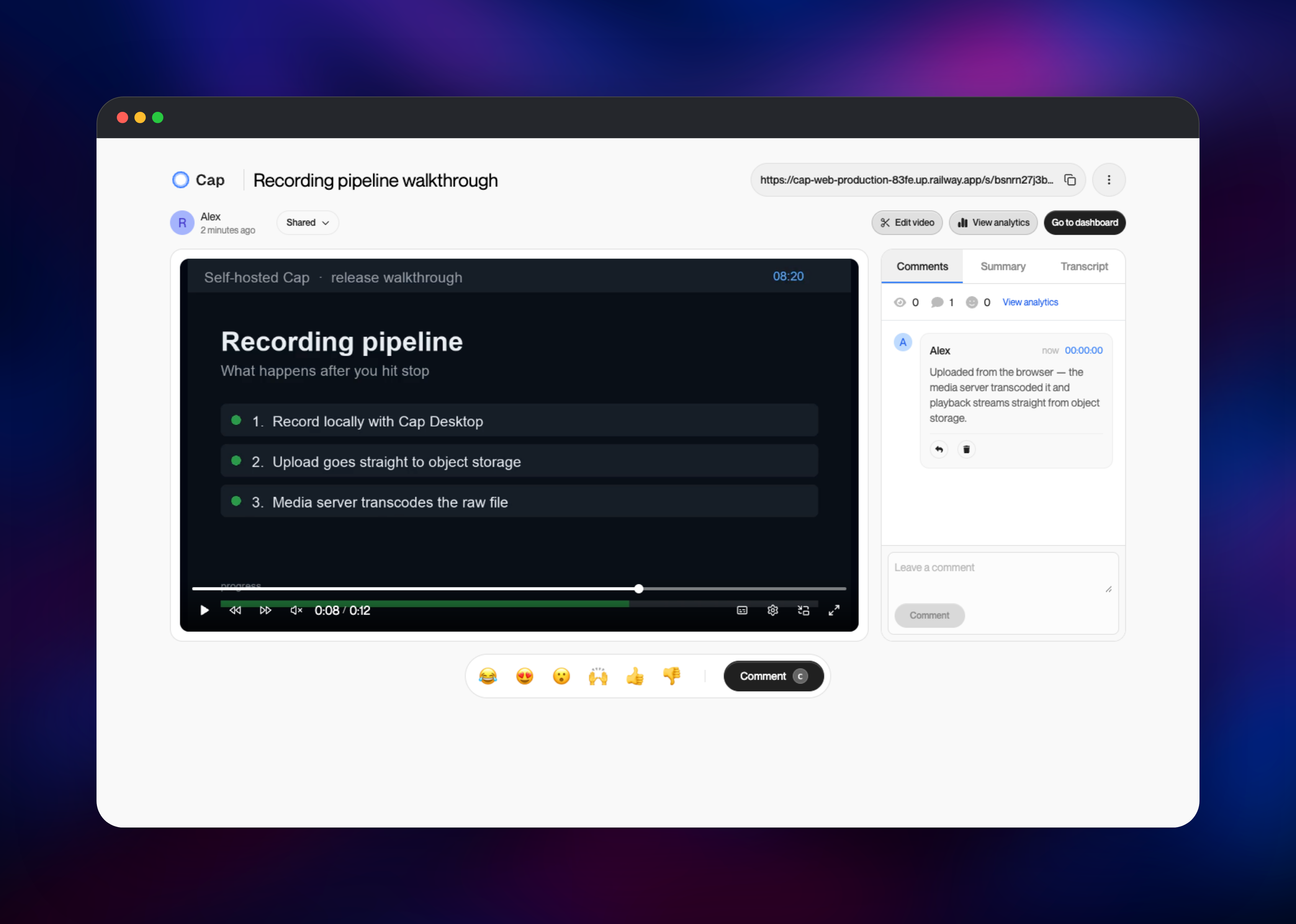 Cap share page playing a recording beside a viewer comment