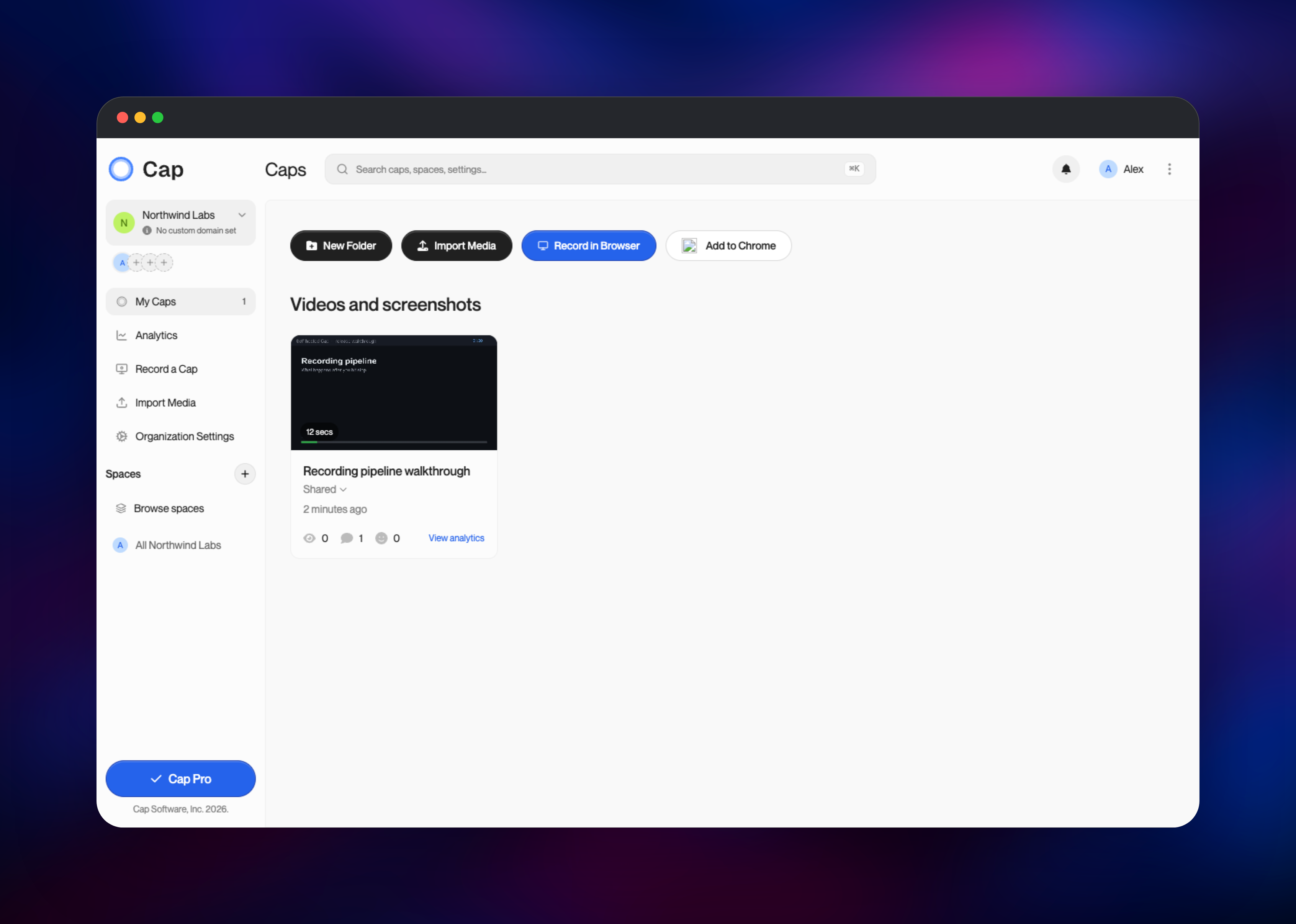 Cap dashboard listing a recorded walkthrough with its thumbnail