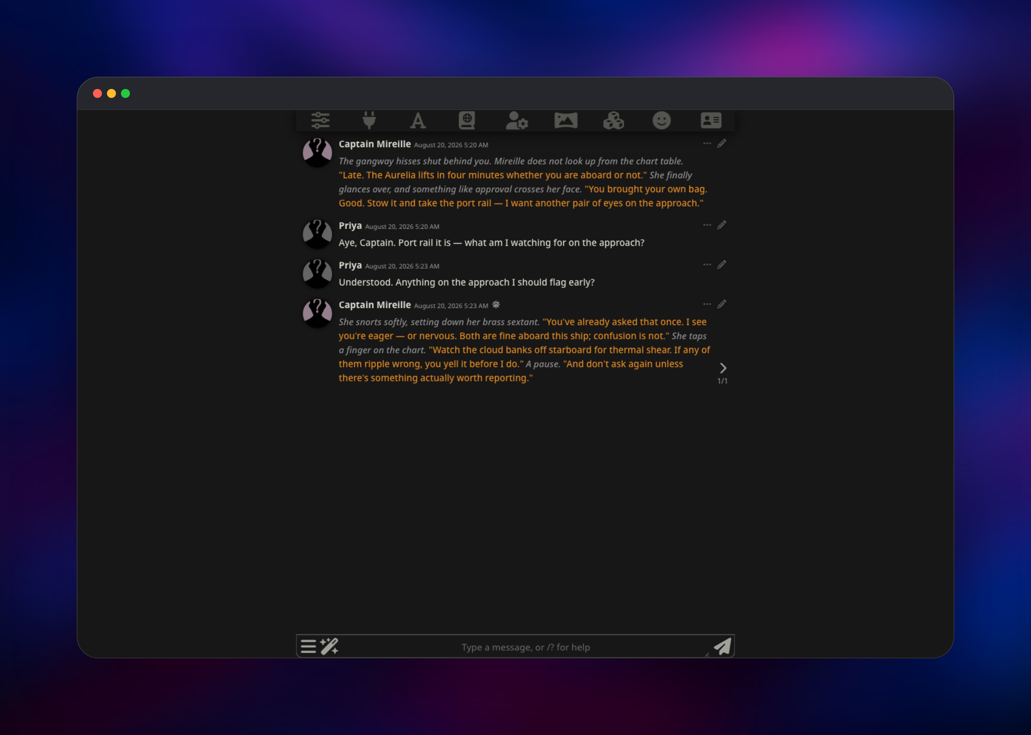 SillyTavern roleplay chat with a character replying in-scene