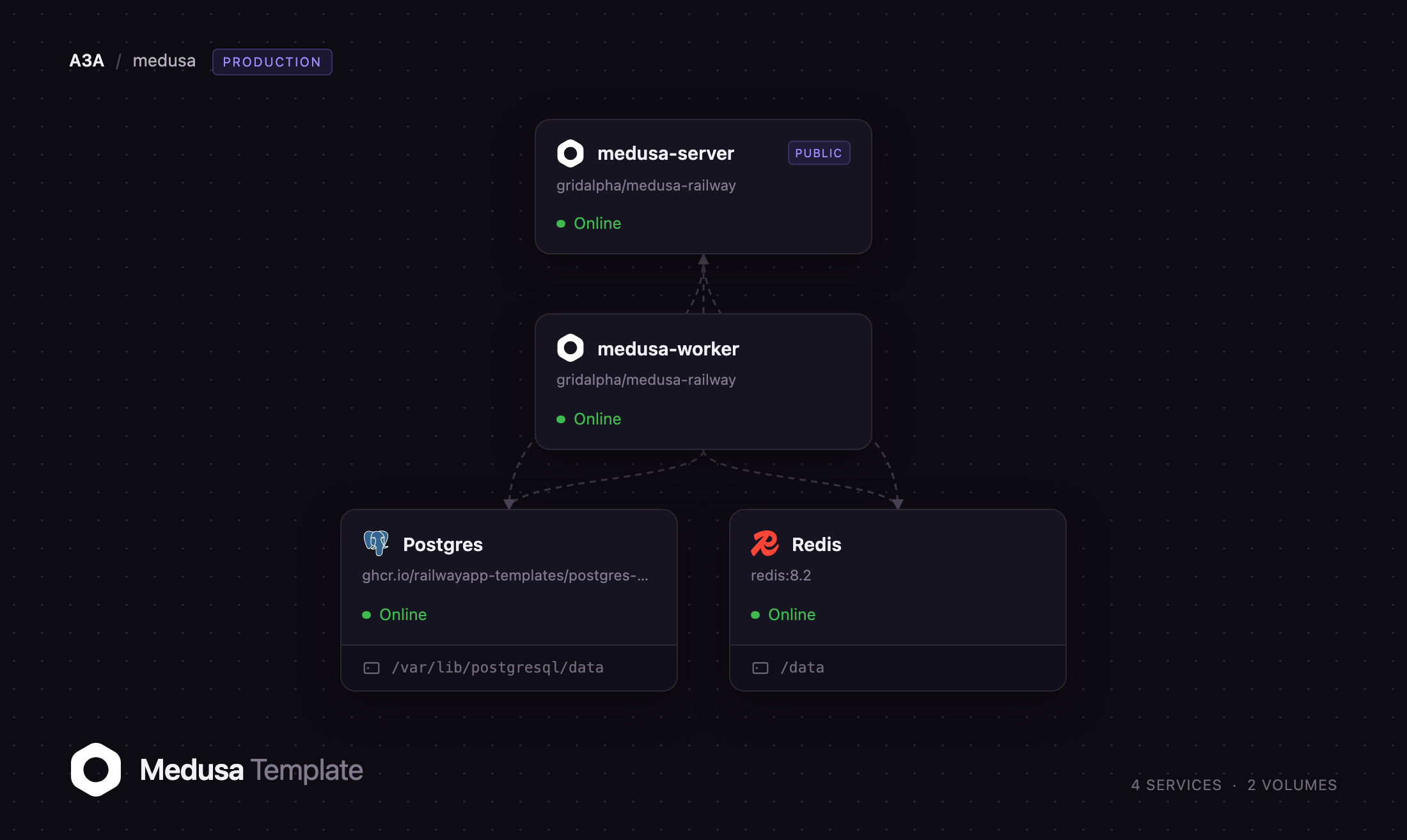 Medusa server and worker services above Postgres and Redis on Railway