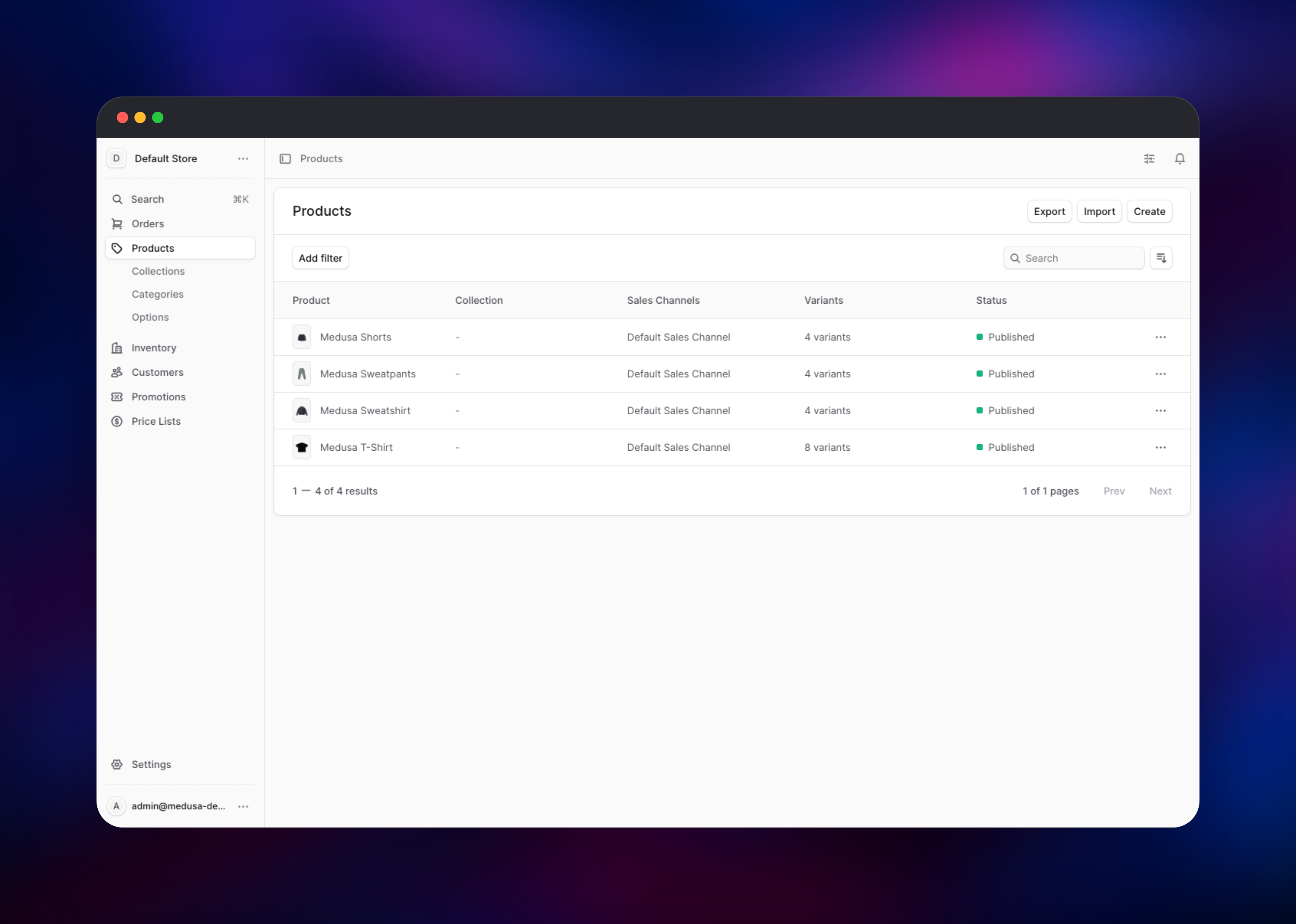 Medusa admin product list showing four published apparel products
