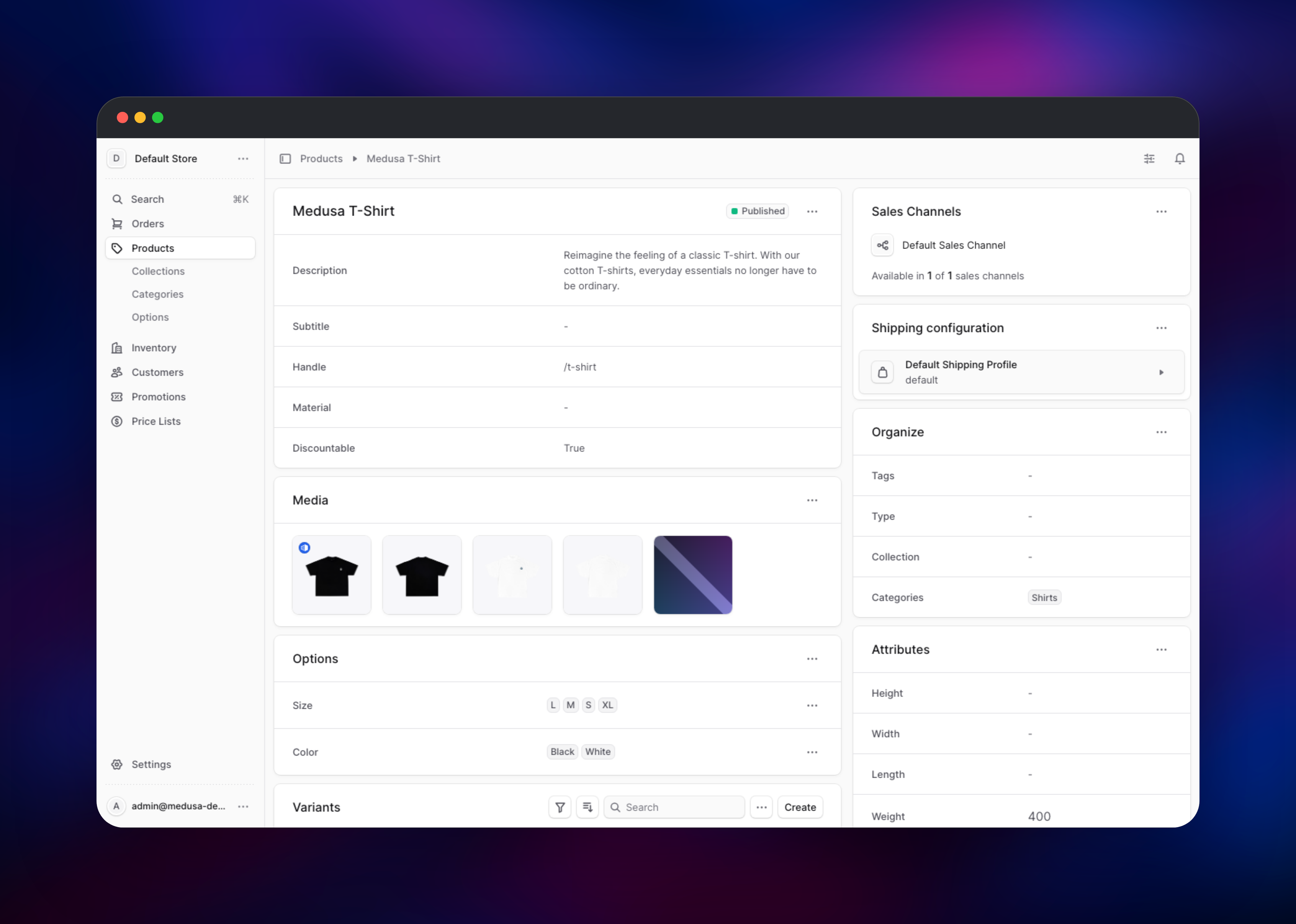 Medusa T-Shirt page with its image gallery and variant options