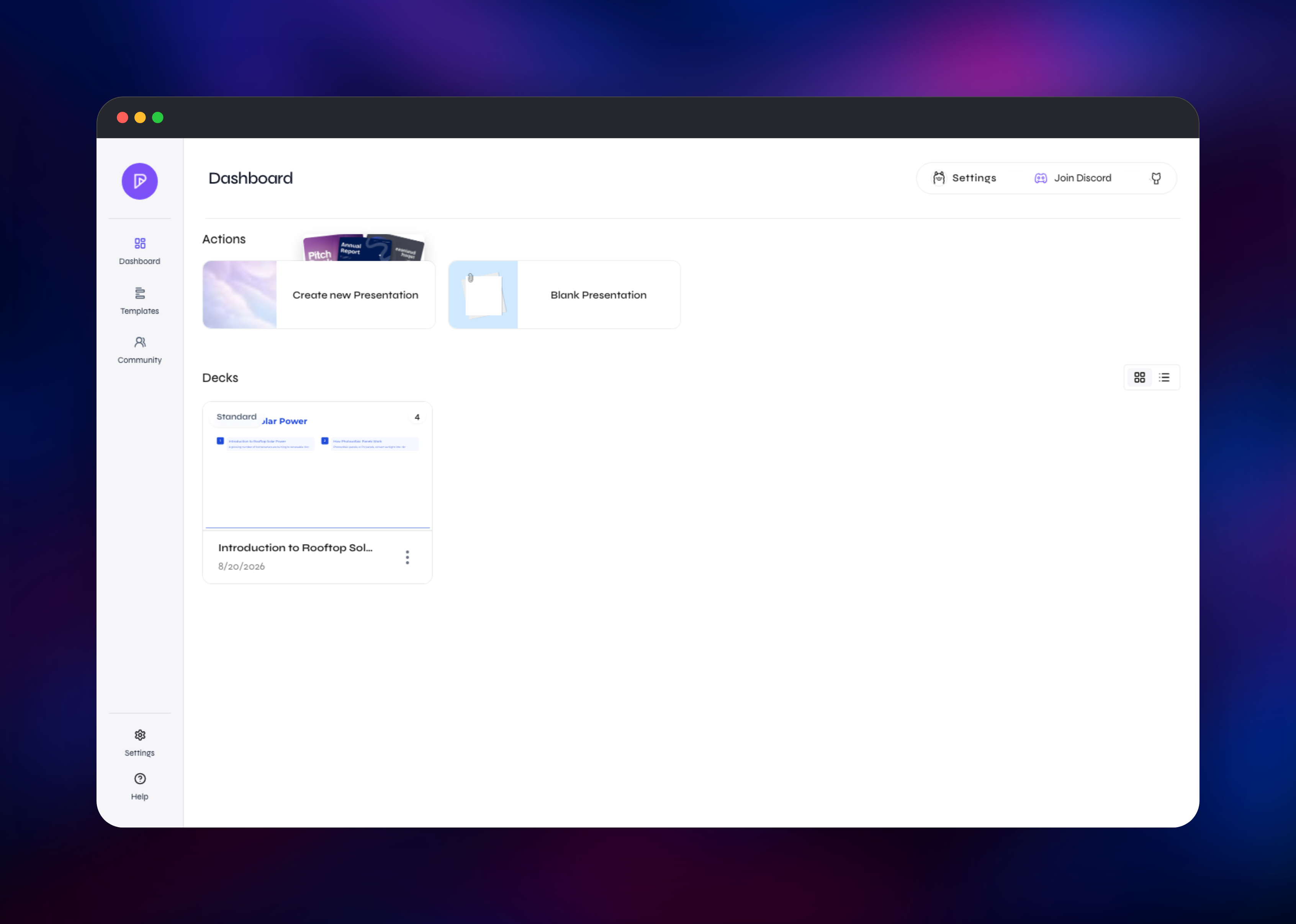 Presenton dashboard listing a generated four-slide deck